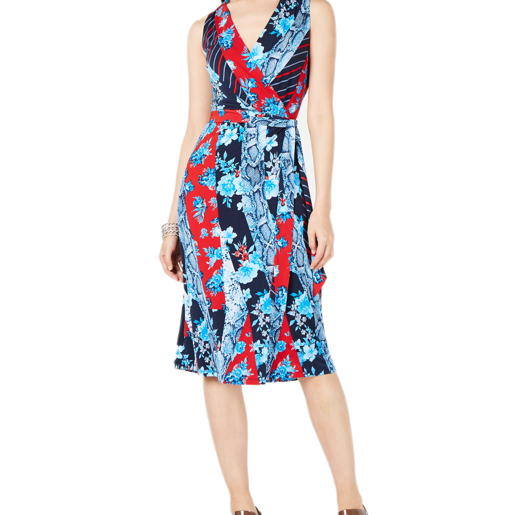INC International Concepts Women Petite Patchwork Wrap Midi Dress Broken Flowers