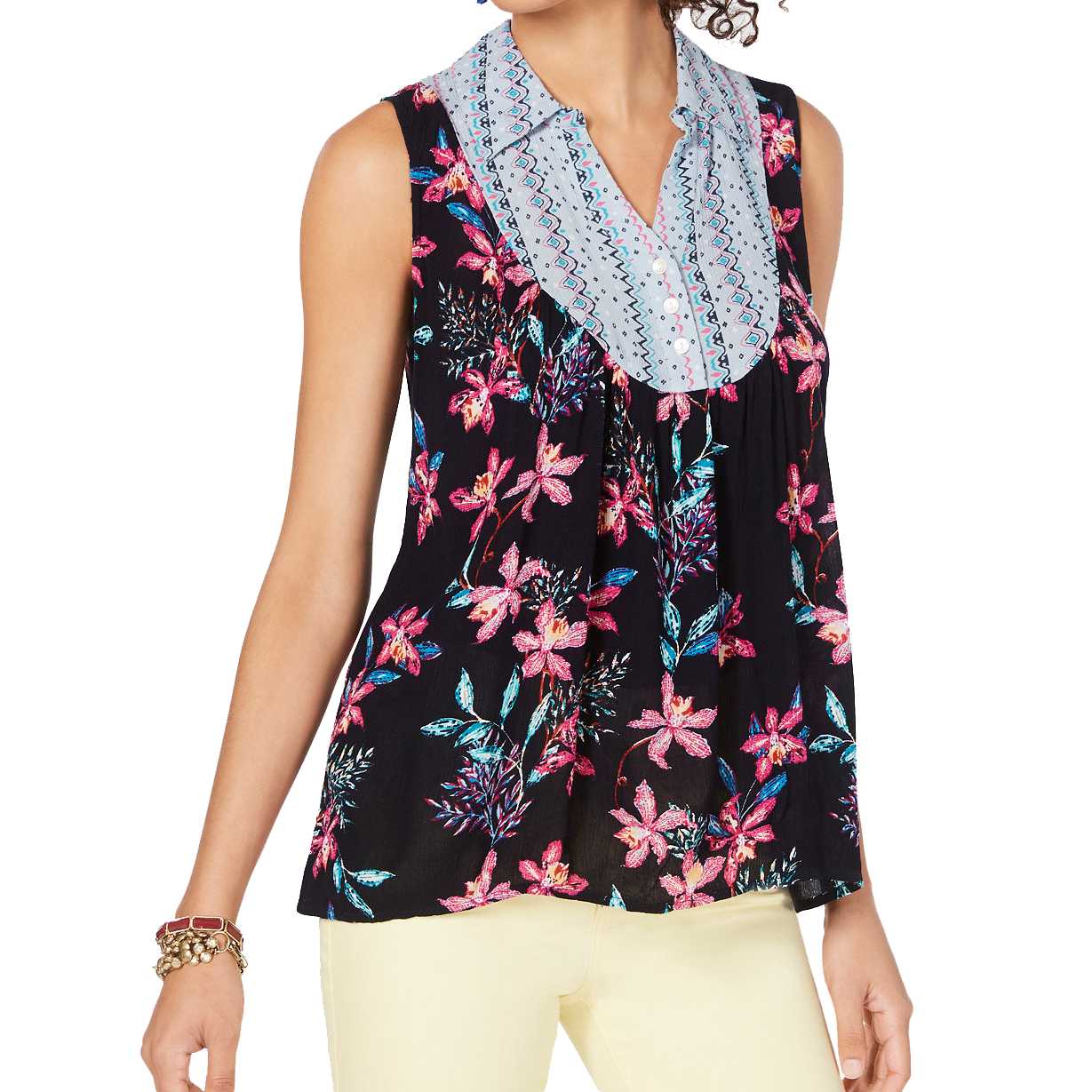 Style & Co Women Mixed Media Collared Top Hibiscus Mix