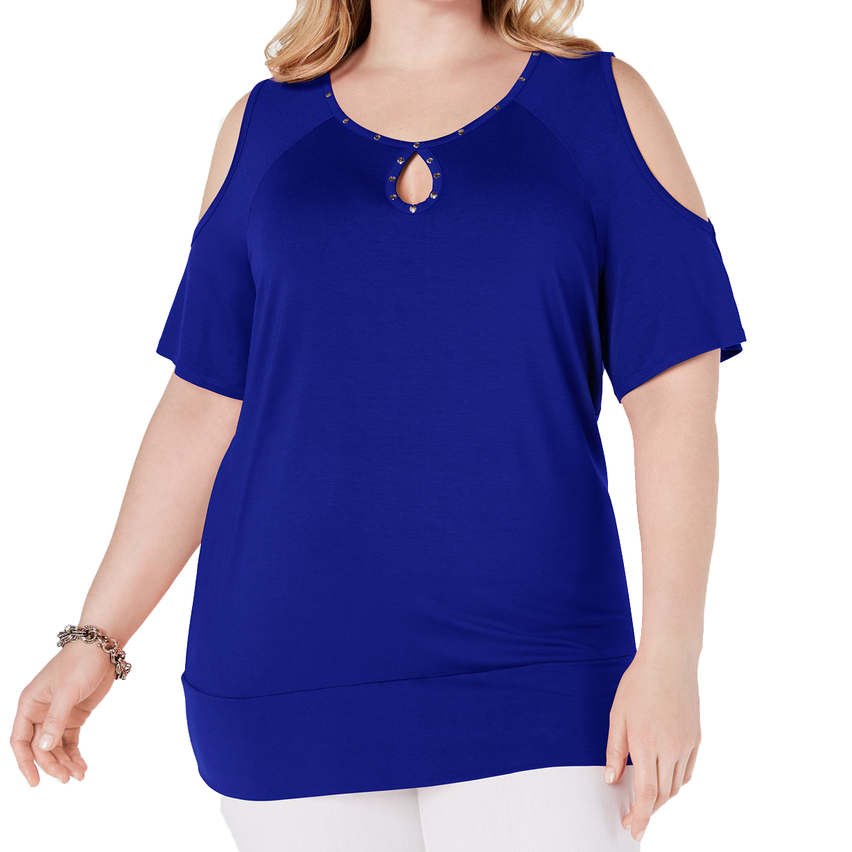 JM Collection Women Plus Studded Cold Shoulder Top Blue Steel