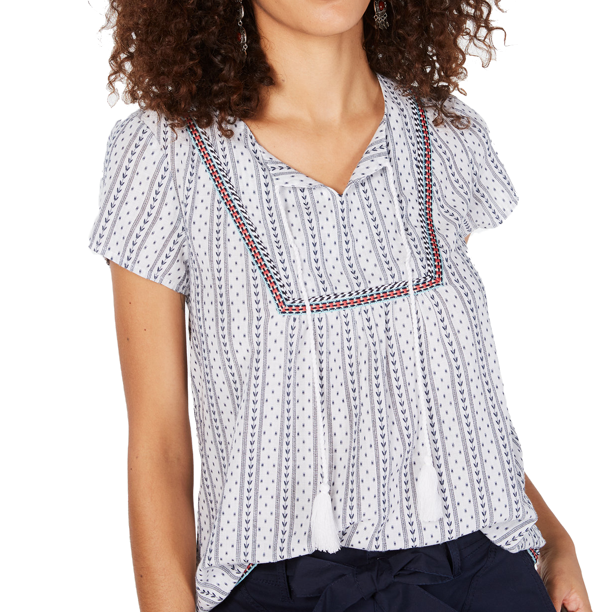 Style & Co Women Cotton Striped Trim Peasant Top Brigitte Stripe