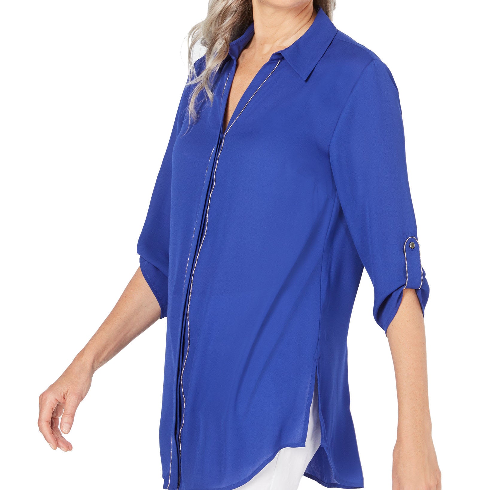 JM Collection Women Petite Embellished Utility Shirt Jazzy Blue