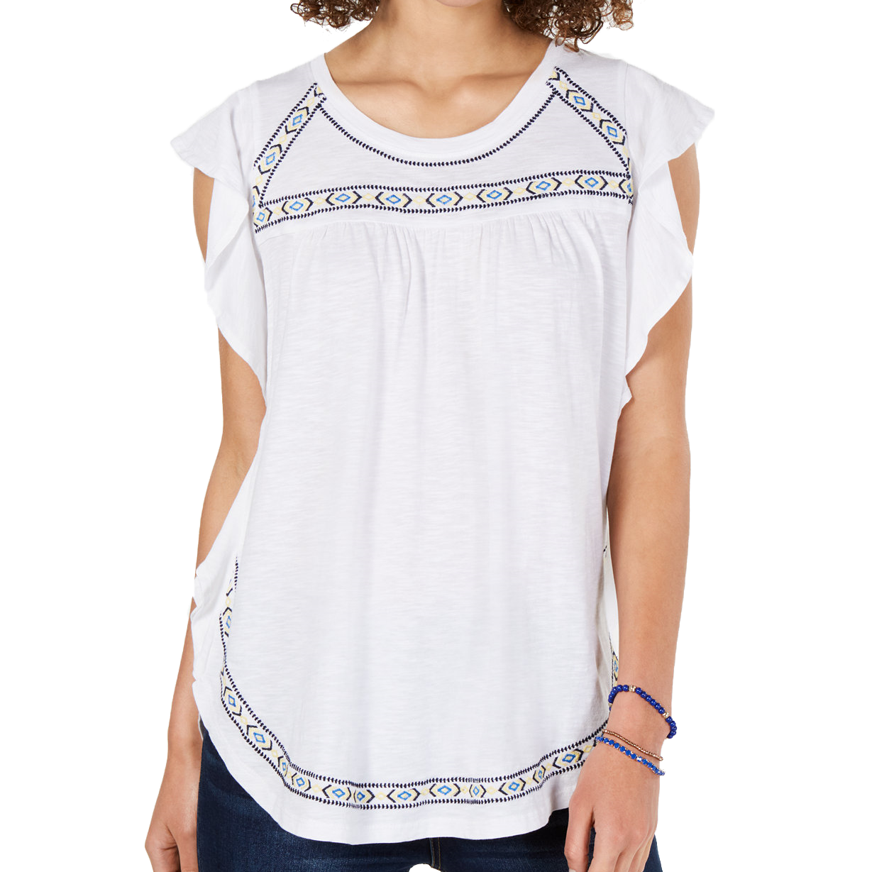 Style & Co Women Embroidered Flutter Sleeve Top Global Delight