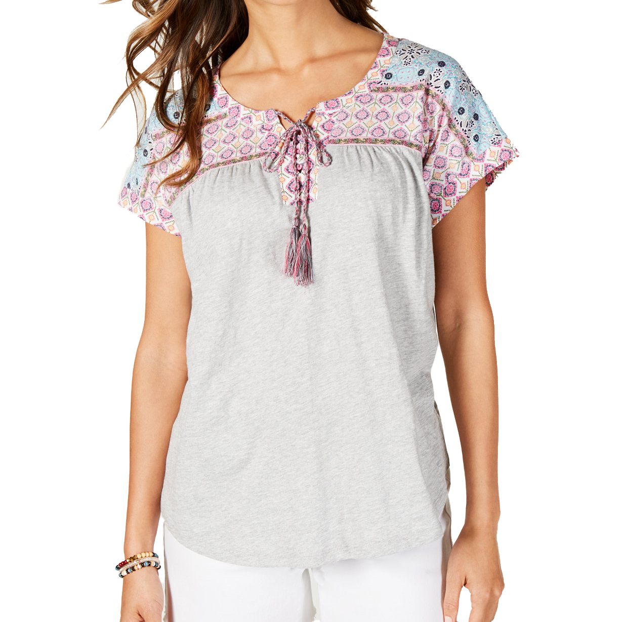 Style & Co Women Lace Up Peasant Top Summer Border
