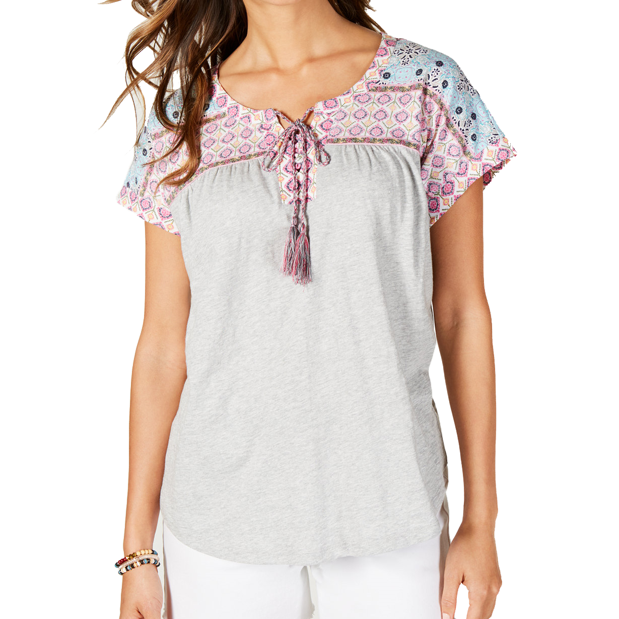 Style & Co Women Petite Printed Lace Up Top Summer Border