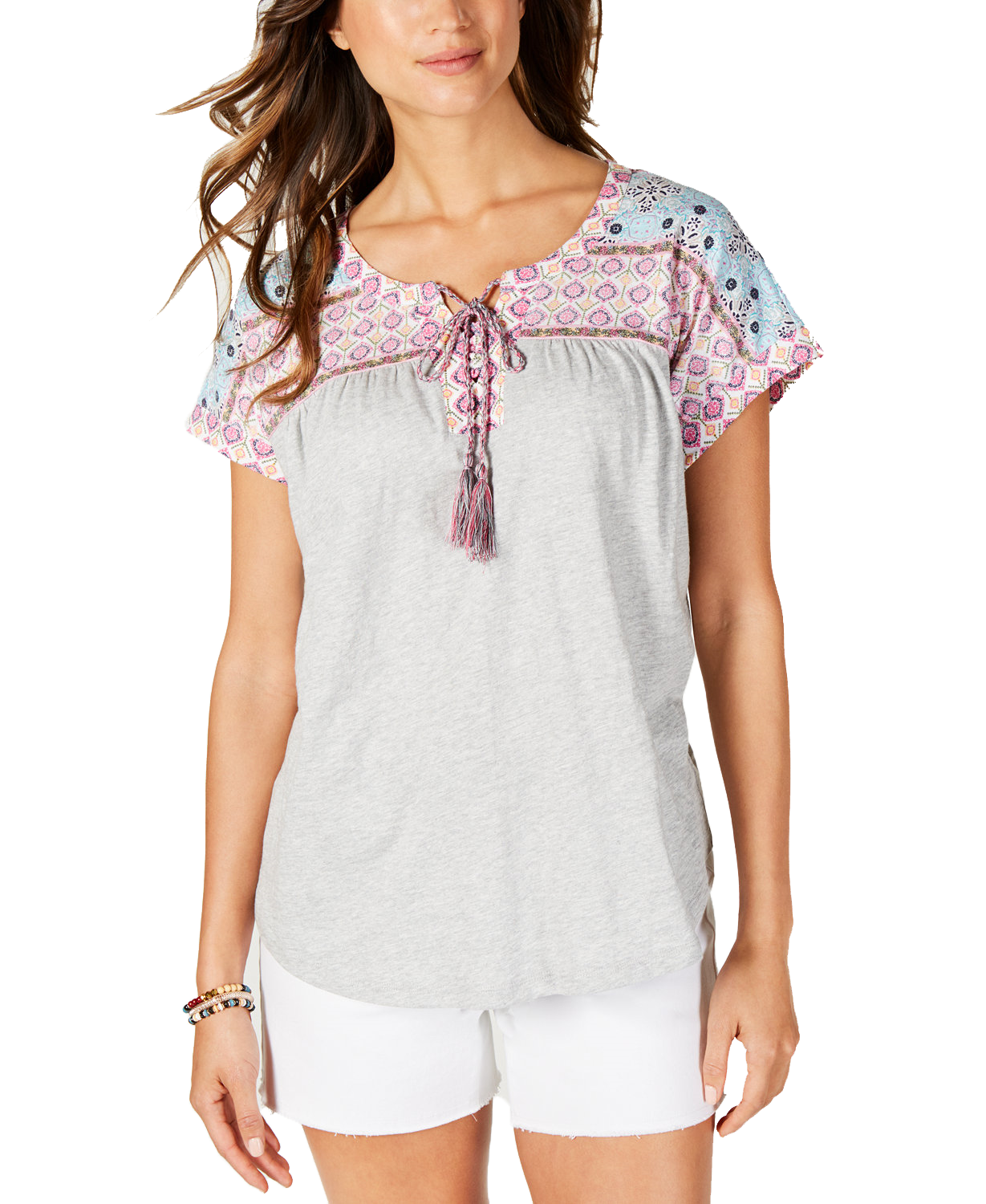 Style & Co Women Petite Printed Lace Up Top Summer Border