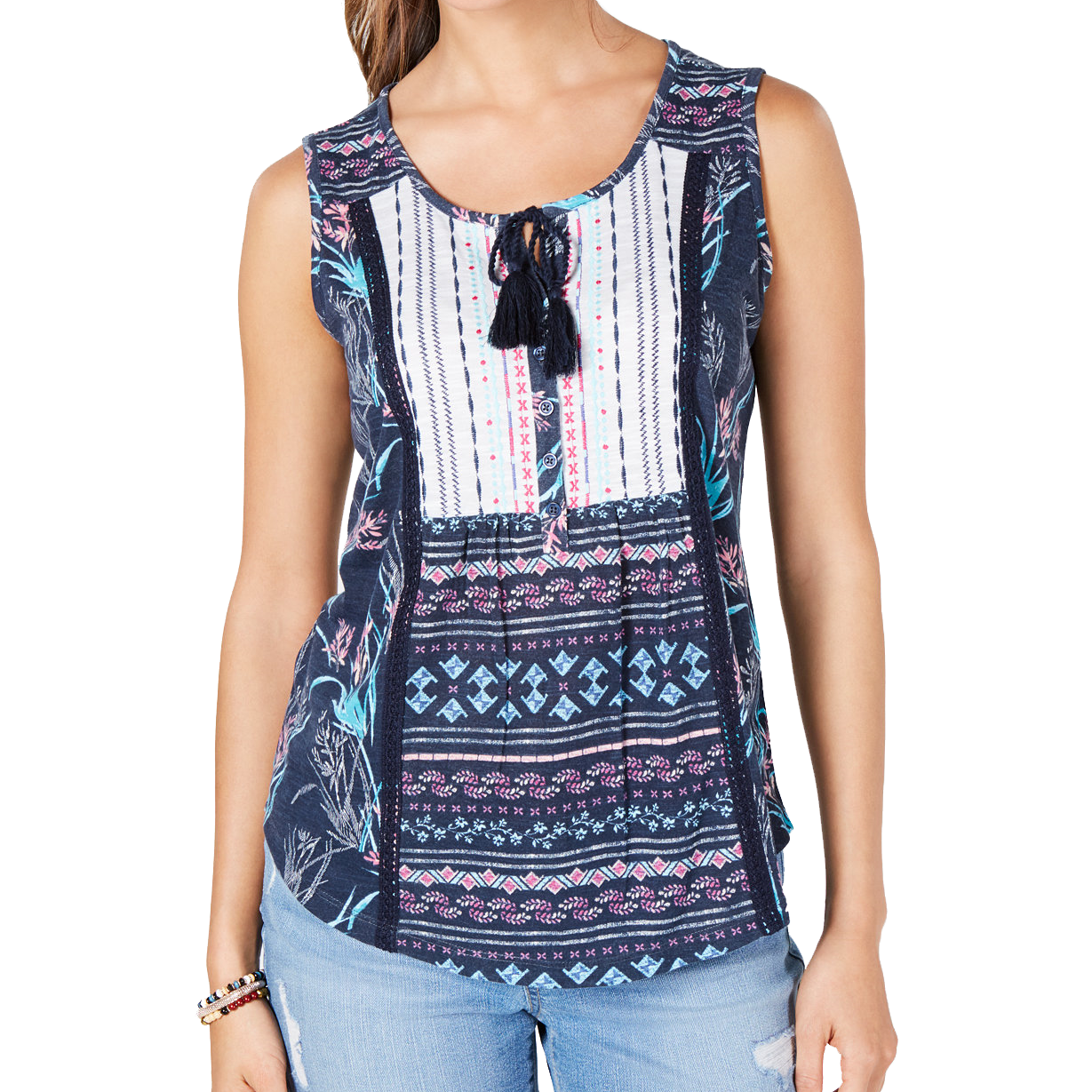 Style & Co Women Petite Mixed Print Tie Front Top Brushed Buds Blue