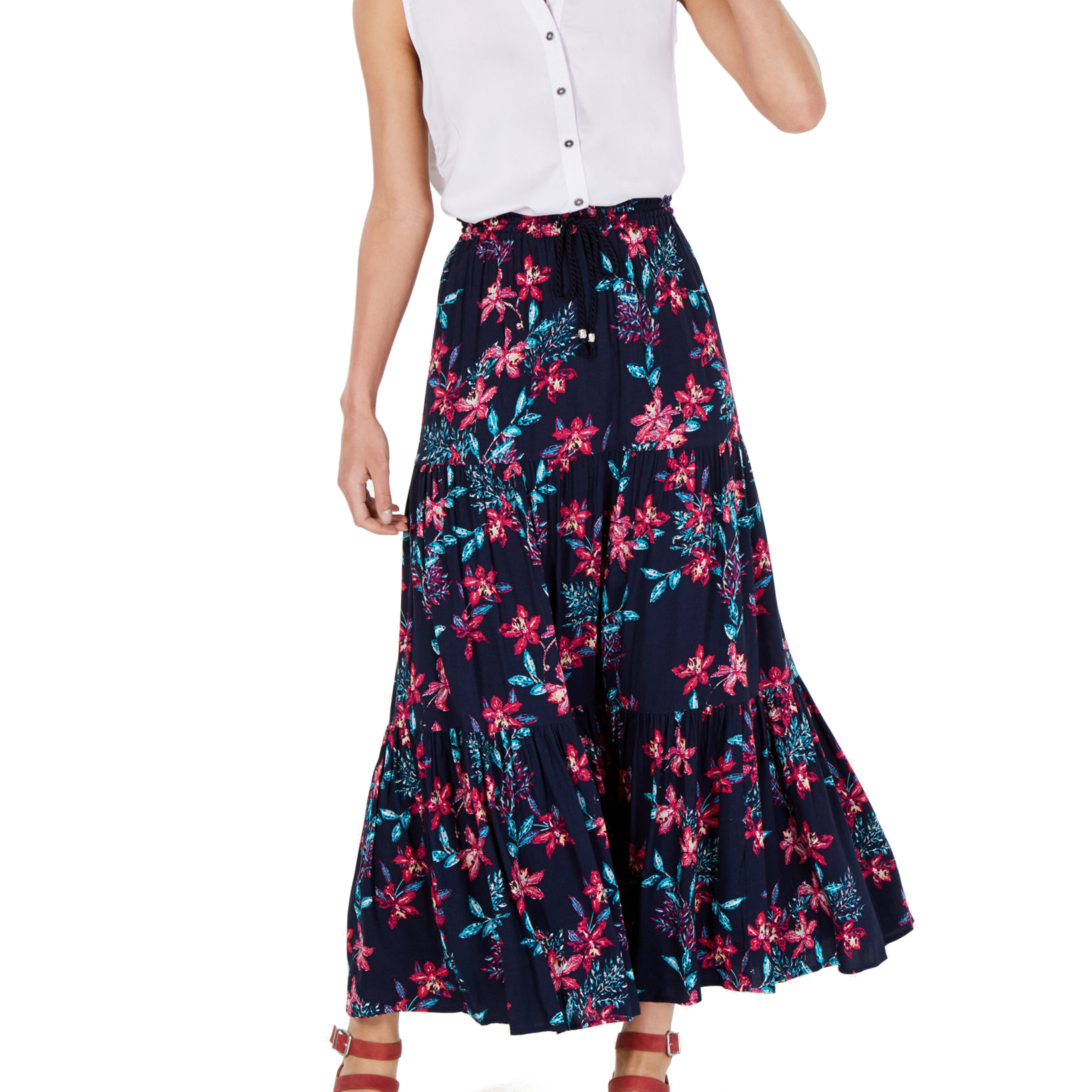 Style & Co Women Cotton Floral Print Tiered Skirt Hibiscus Vacation