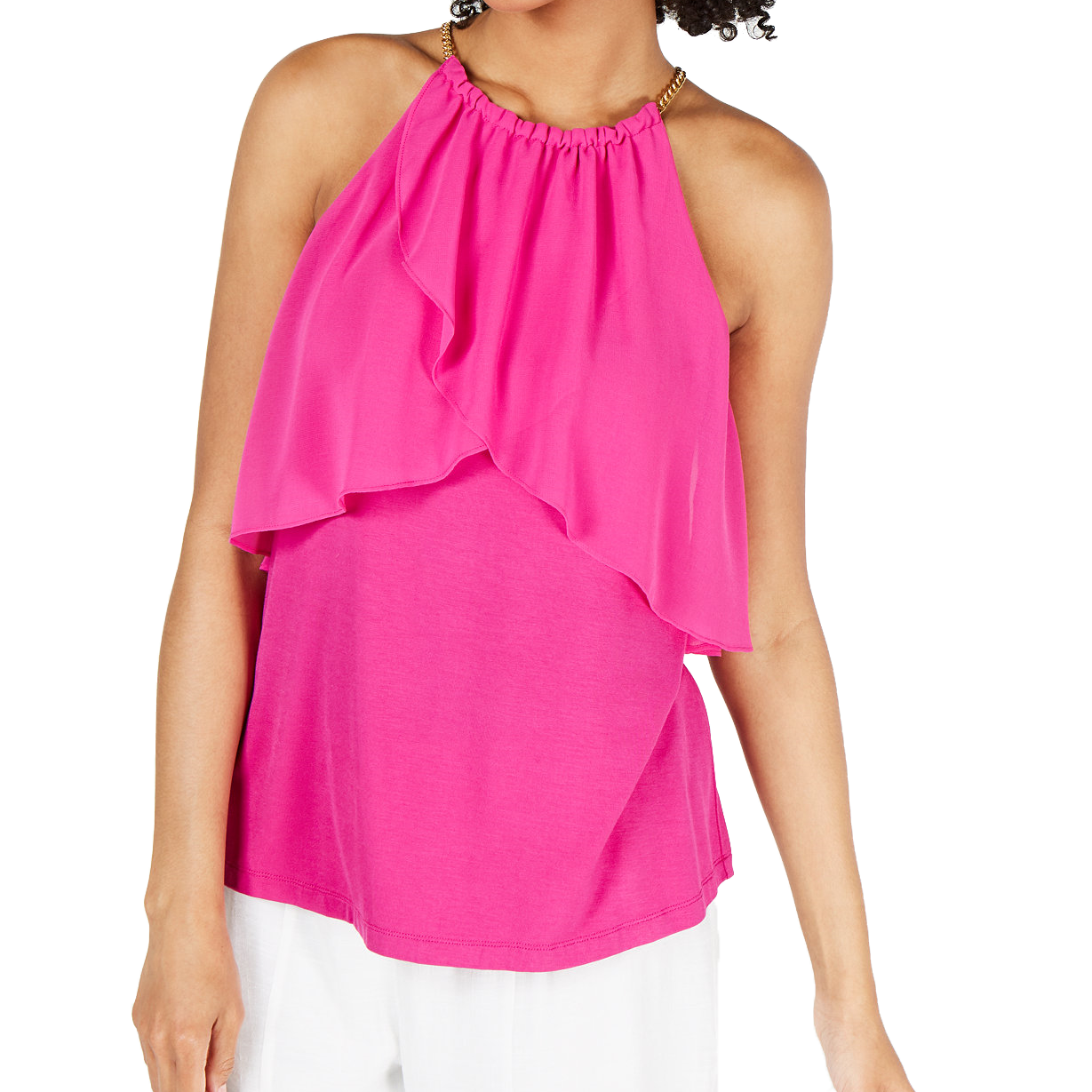 Thalia Sodi Women Ruffled Chain Neck Sleeveless Top Magenta