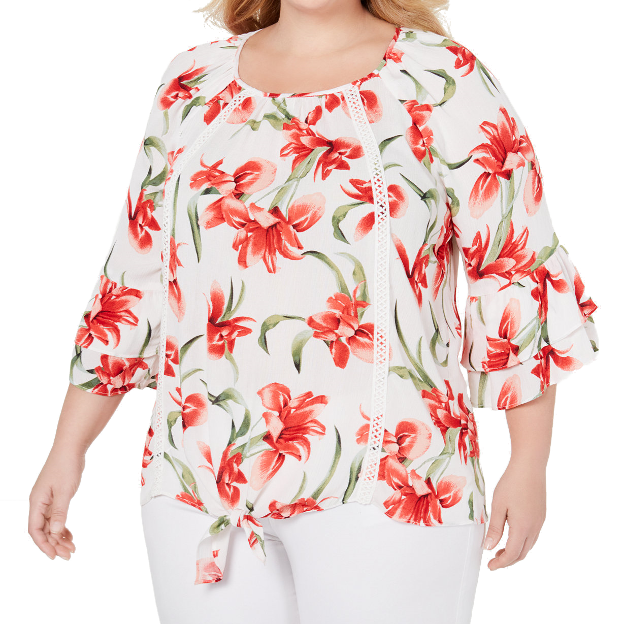 JM Collection Women Plus Floral Print Tie Hem Top Vintage Orchard