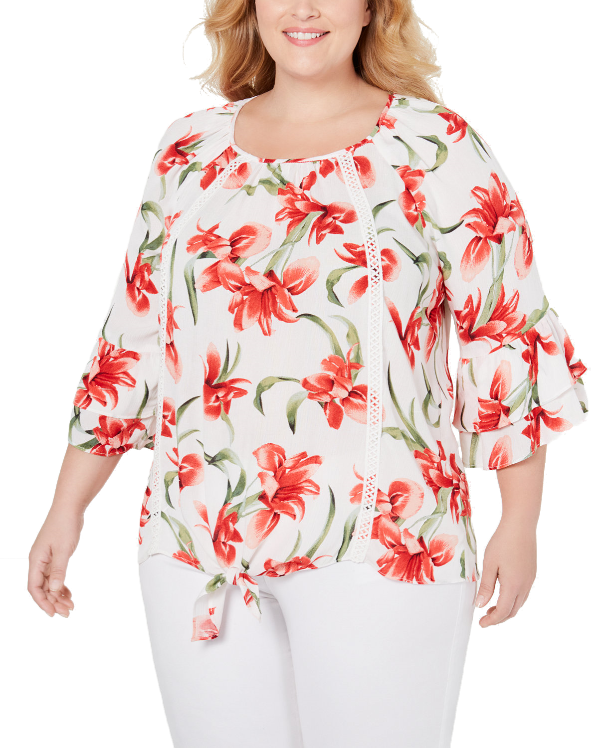 JM Collection Women Plus Floral Print Tie Hem Top Vintage Orchard