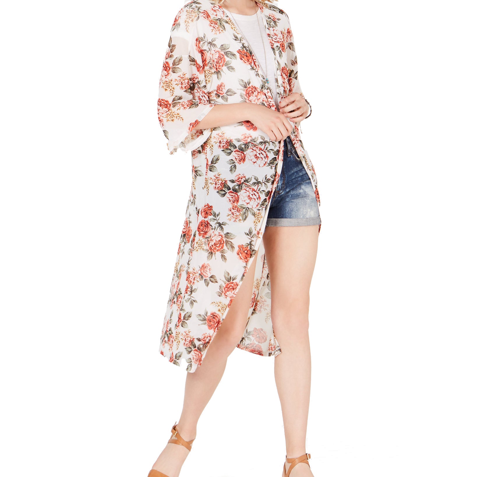 Ultra Flirt Women Printed Mesh Duster Kimono Gardenia