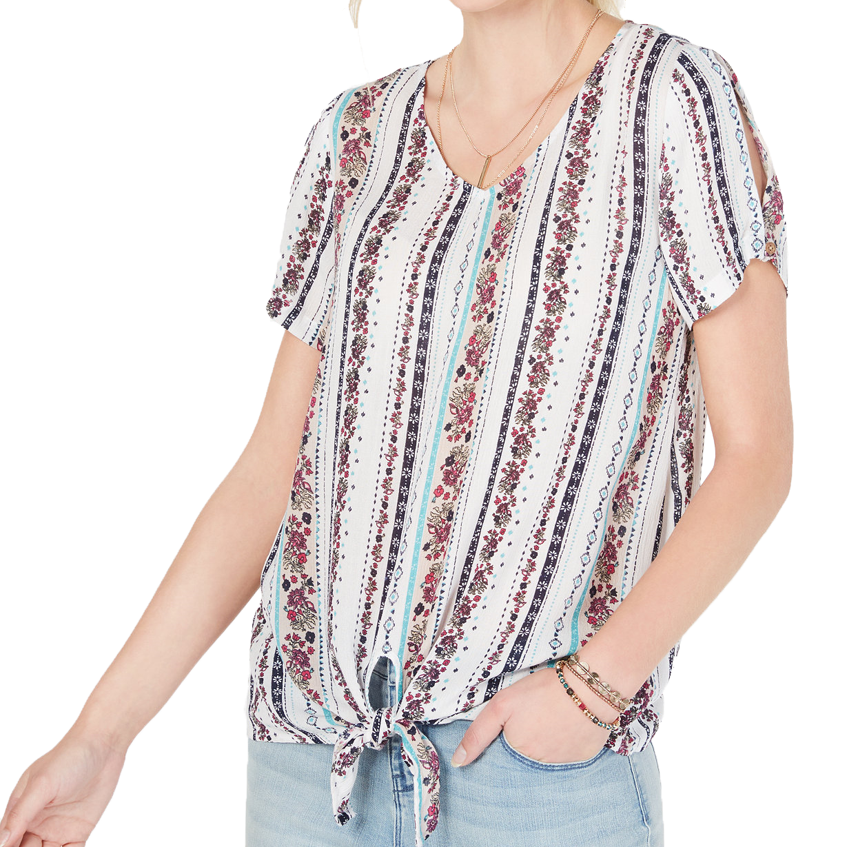 Style & Co Women Striped Knotted Split Sleeve Top Adieu Stripe