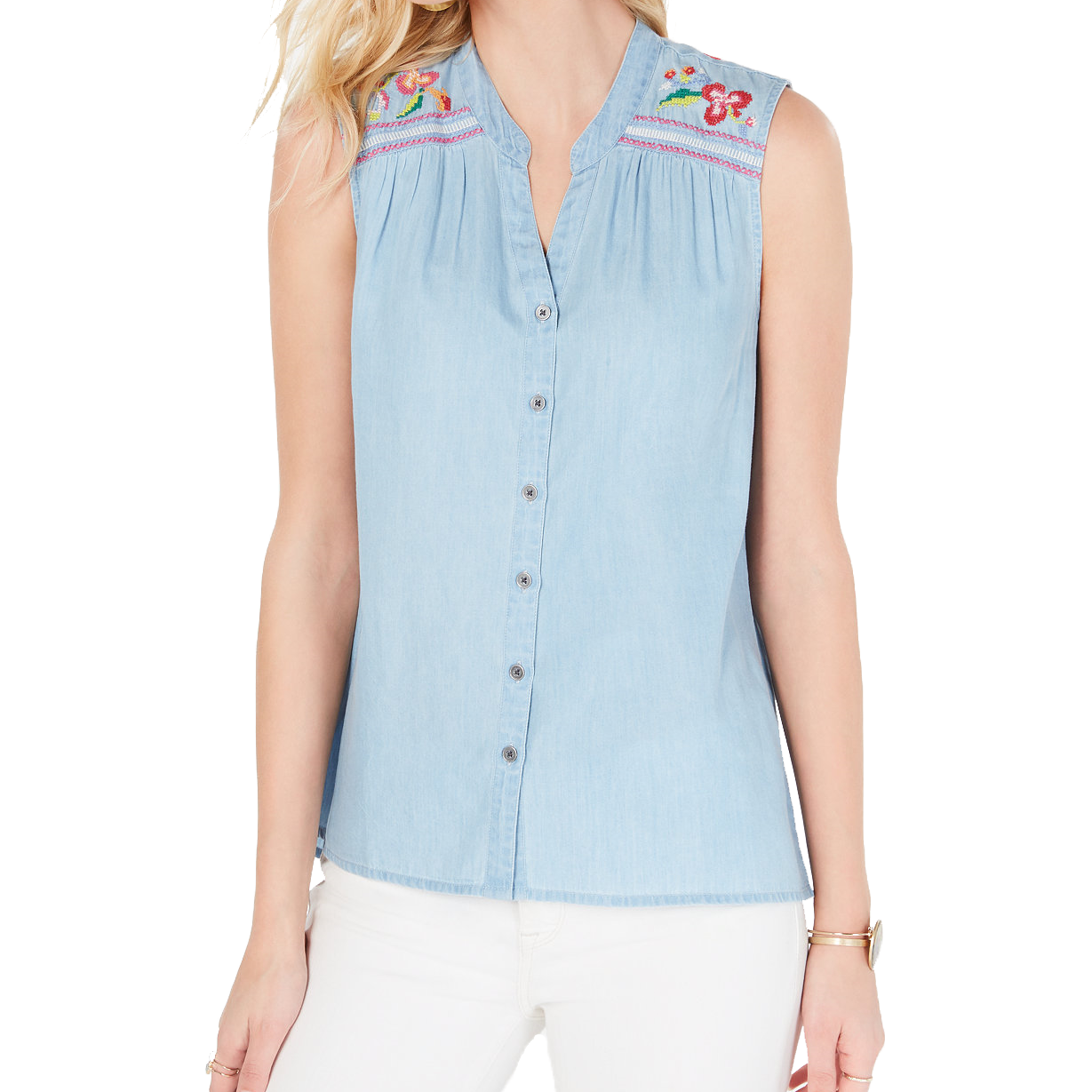 Style & Co Women Embroidered Button Up Top Electric Garden