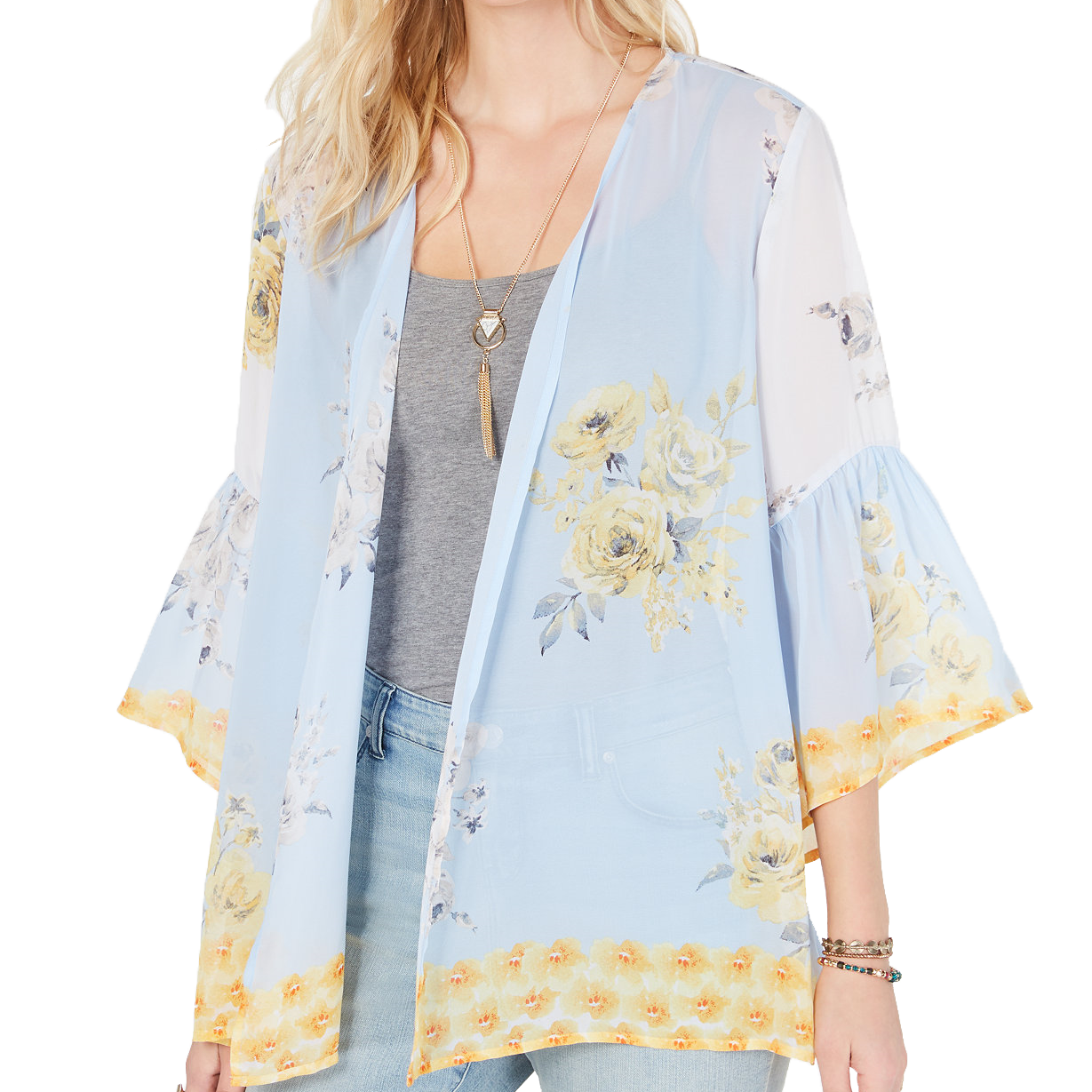 Style & Co Women Floral Print Flutter Sleeve Kimono Floating Perennials