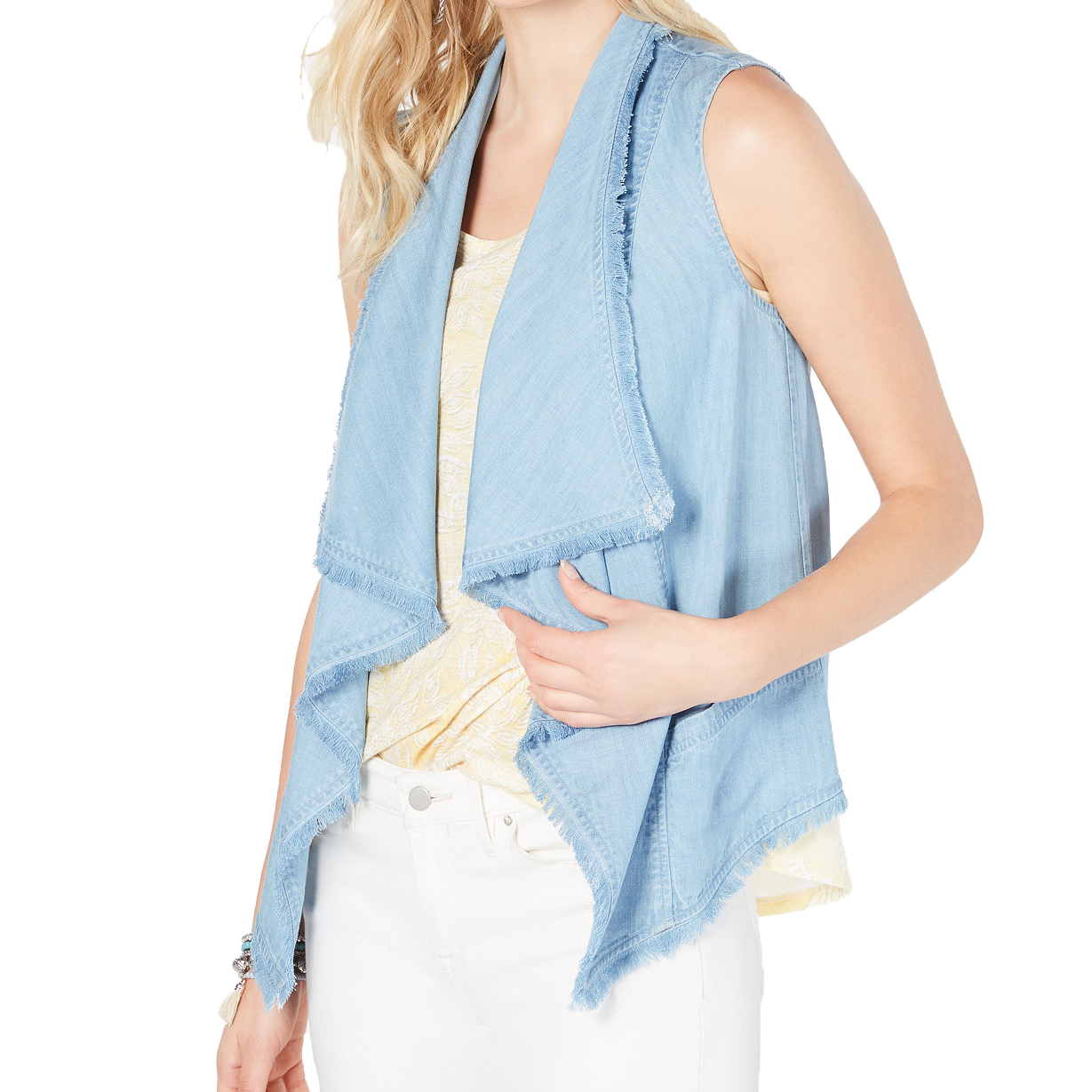Style & Co Women Draped Front Frayed Hem Vest Light Sunwash