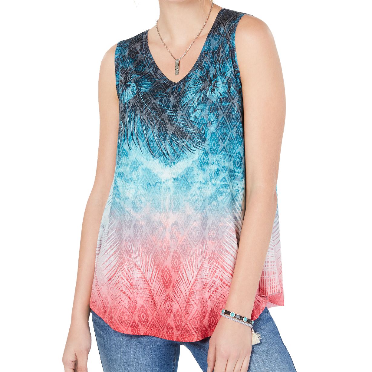Style & Co Women Petite V Neck Printed Tank Top Tropical Ombre