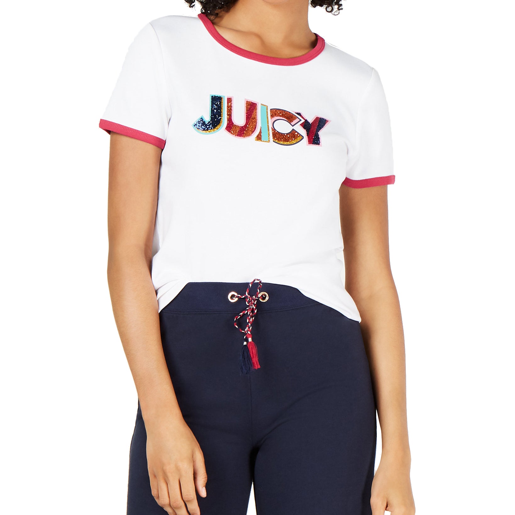 Juicy Couture Women Cotton Sequin Graphic T Shirt White