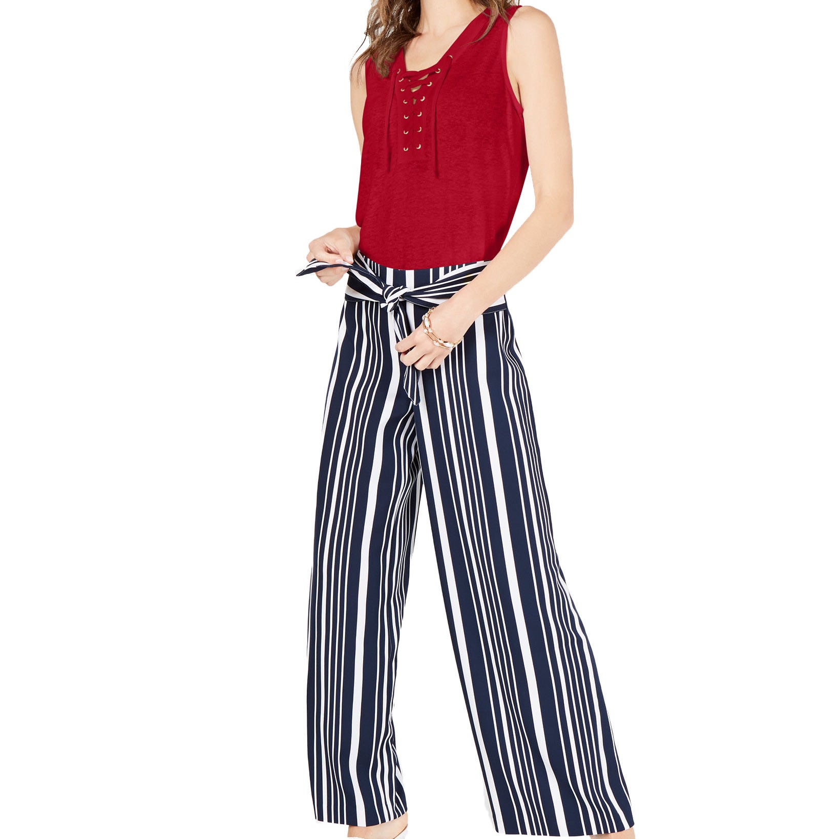 INC International Concepts Women Petite Lace Up Top Real Red