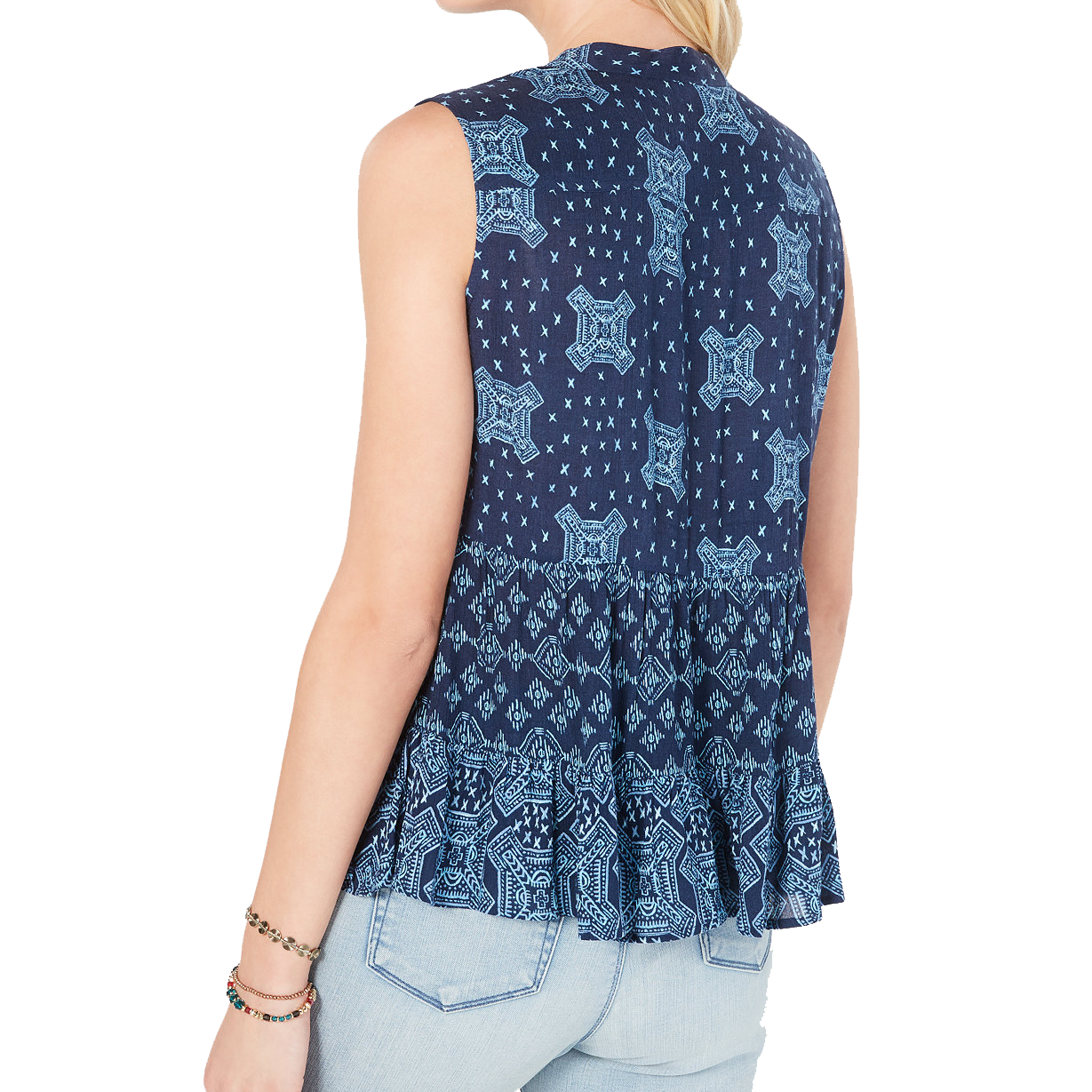 Style & Co Women Printed Tiered Lace Up Top
