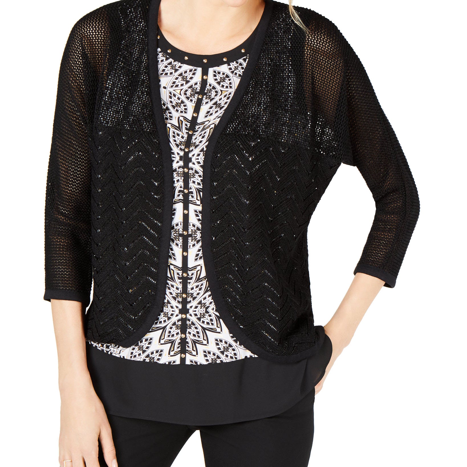 JM Collection Women Cotton Mixed Stitch Cardigan Deep Black