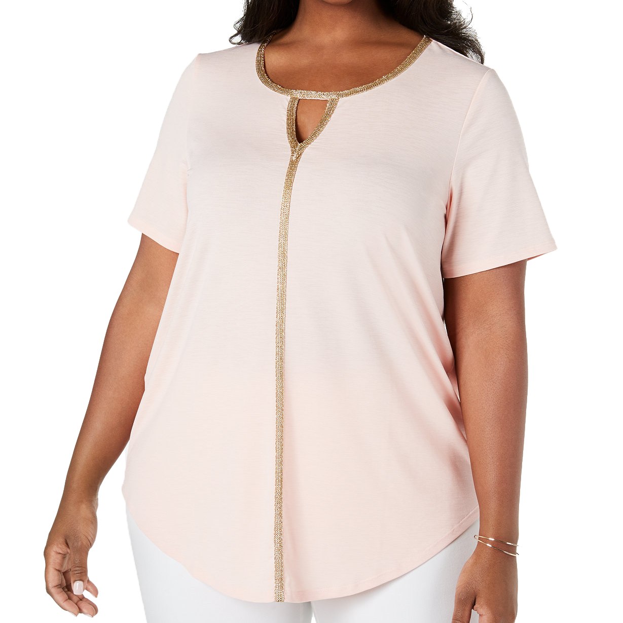 JM Collection Women Plus Metallic Trim Keyhole Top Peach Melba