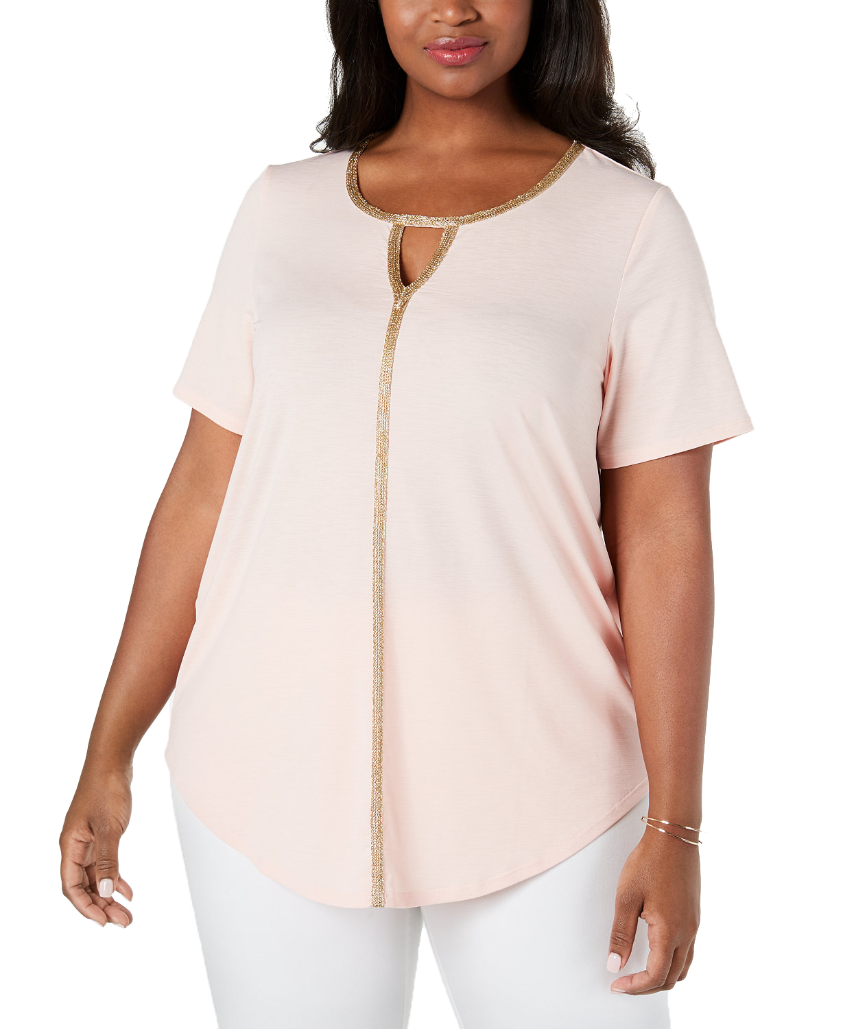 JM Collection Women Plus Metallic Trim Keyhole Top Peach Melba