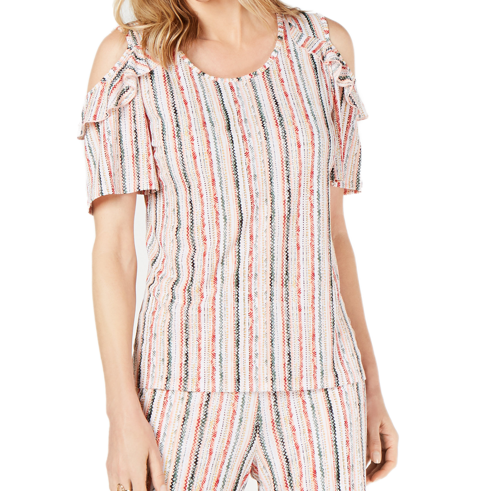 JM Collection Women Ruffled Cold Shoulder Top Pacific Stripes