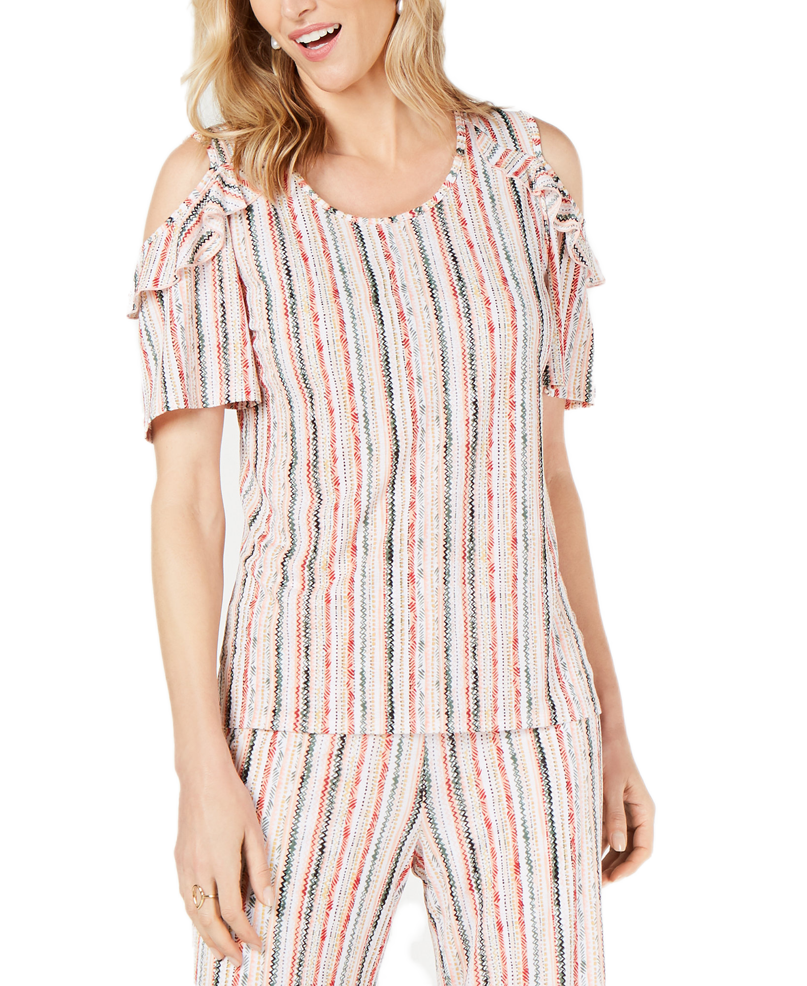 JM Collection Women Ruffled Cold Shoulder Top Pacific Stripes