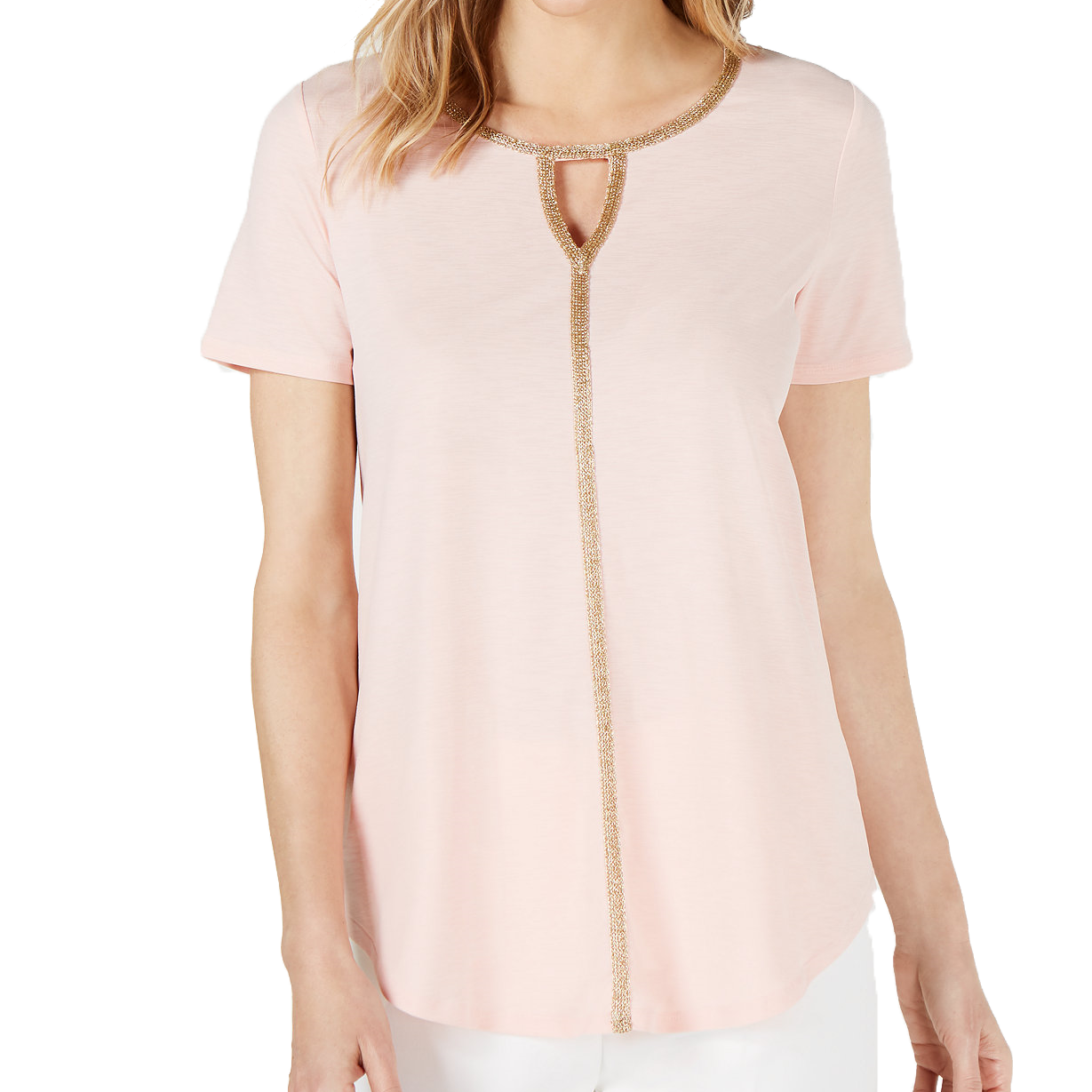 JM Collection Women Metallic Trim Keyhole Top Peach Melba