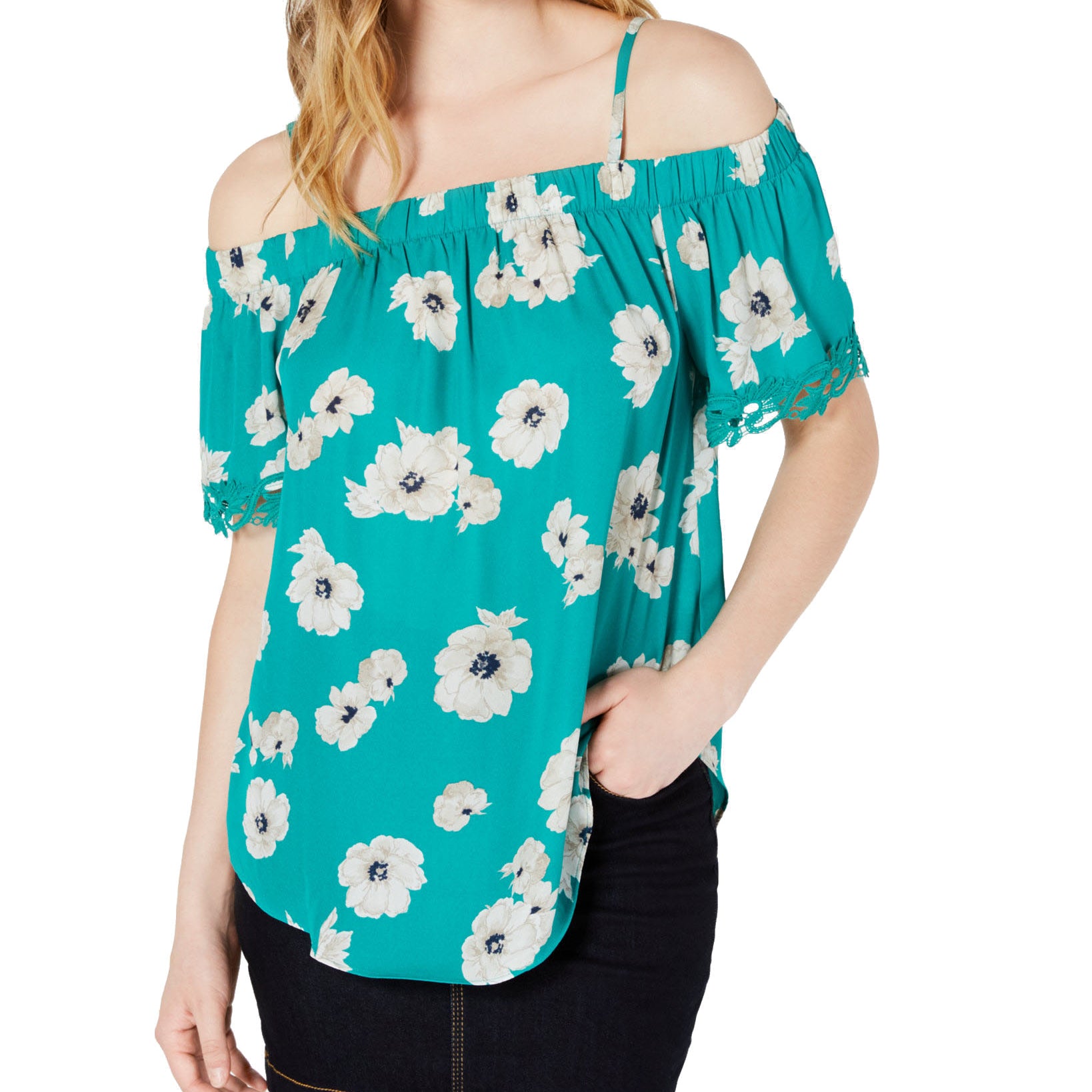BCX Juniors Printed Crochet Trimmed Off The Shoulder Blouse Emerald Green And White Floral