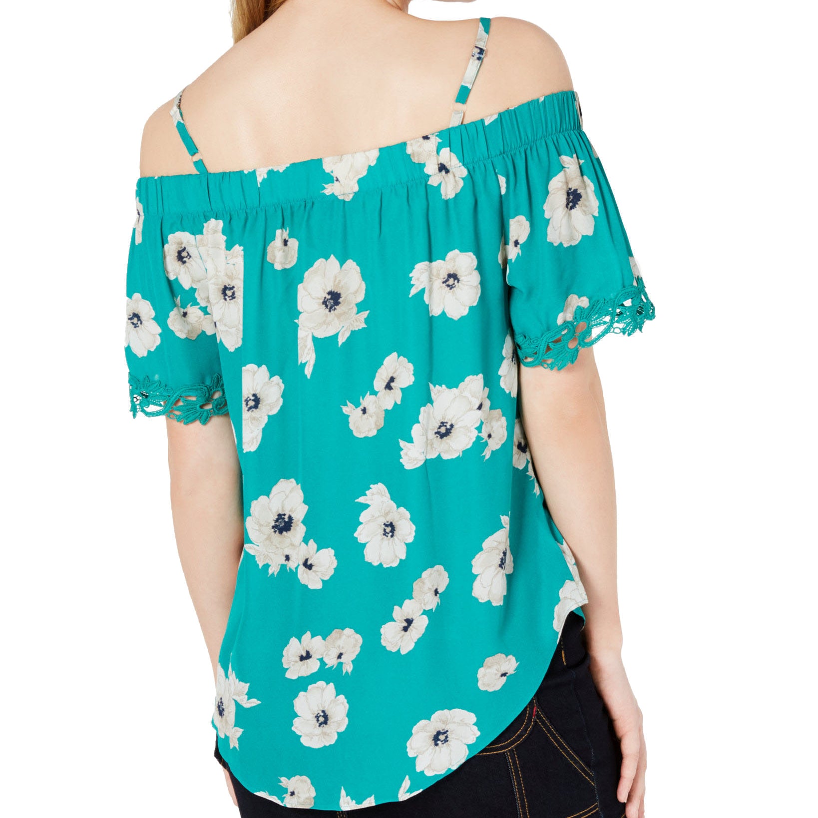 BCX Juniors Printed Crochet Trimmed Off The Shoulder Blouse
