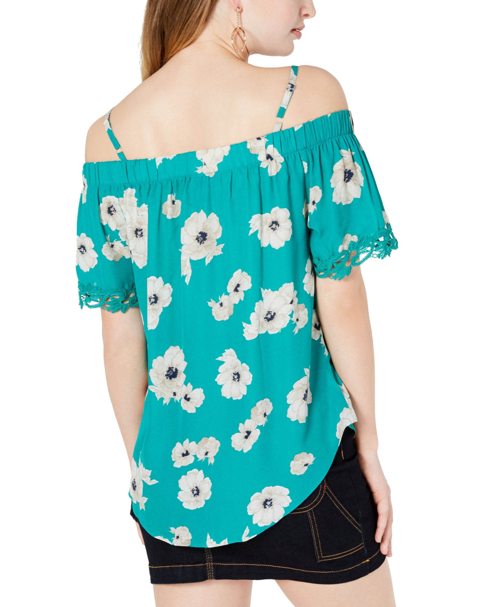 BCX Juniors Printed Crochet Trimmed Off The Shoulder Blouse