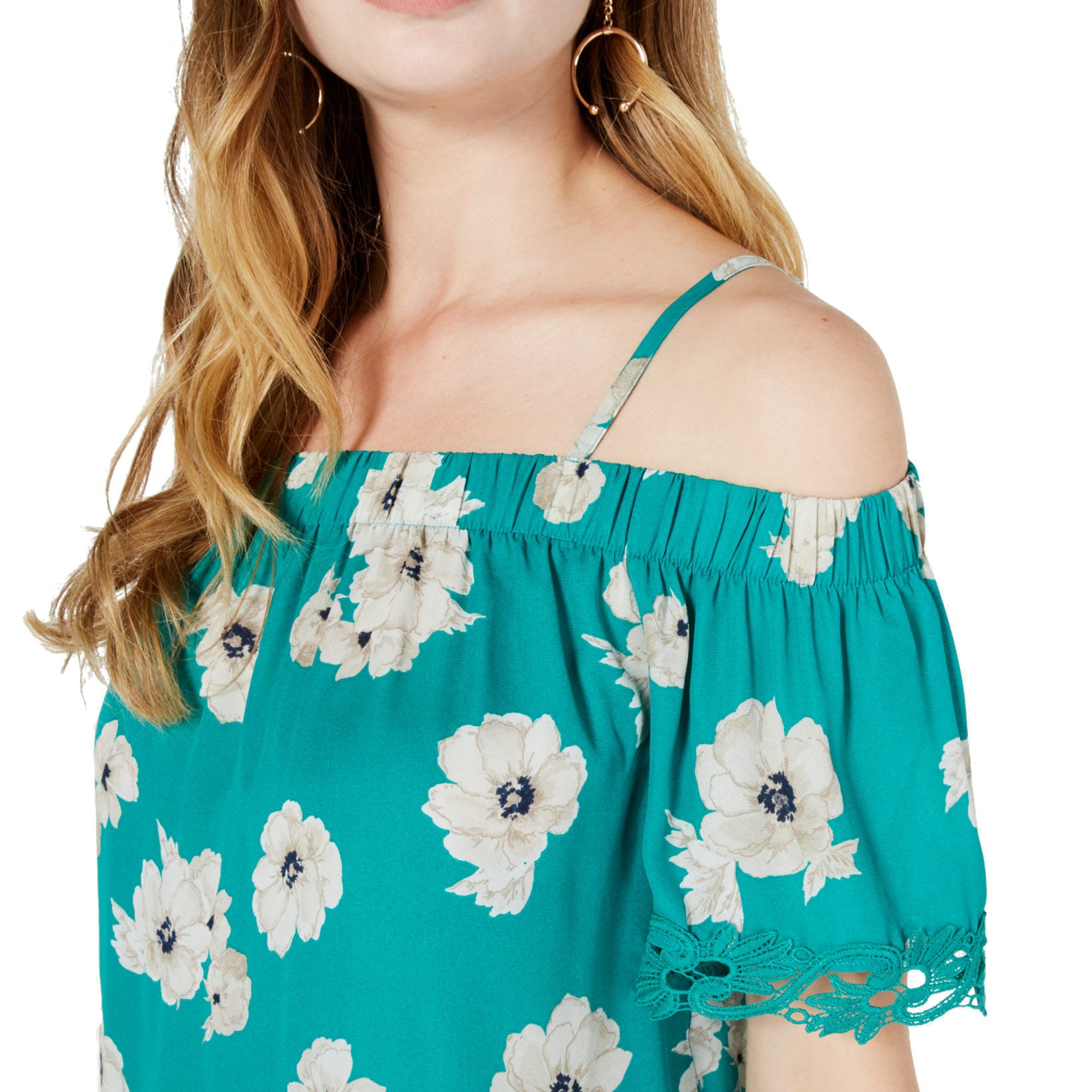 BCX Juniors Printed Crochet Trimmed Off The Shoulder Blouse