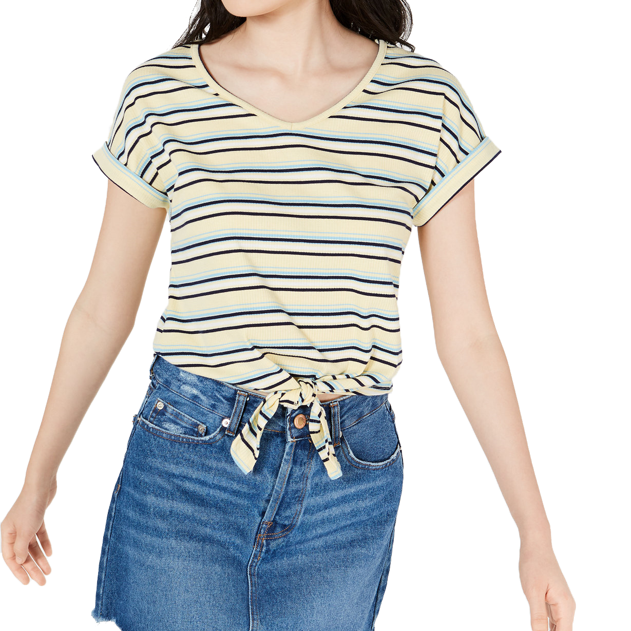 Hippie Rose Women Tie Front T Shirt Yellow Stripe