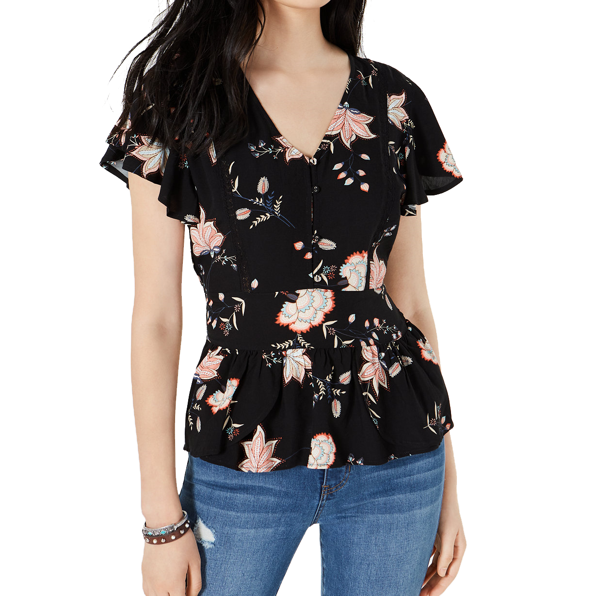 American-Rag-Women-Crochet-Trim-Peplum-Top-Black