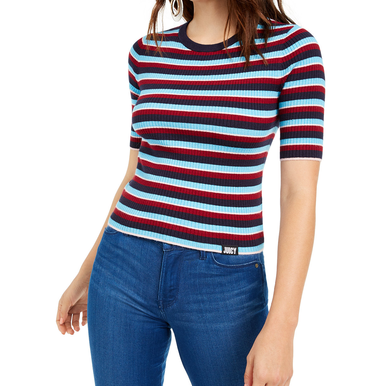 Juicy-Couture-Women-Short-Sleeve-Striped-Sweater-Blue-Stripe