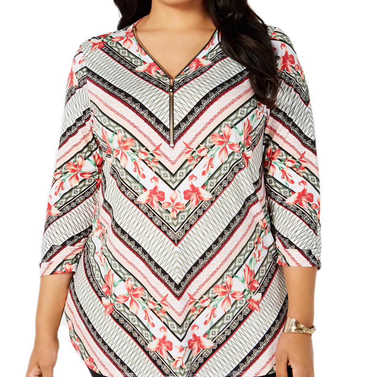 JM Collection Women Plus Zip Neck Tunic Mitered Vines