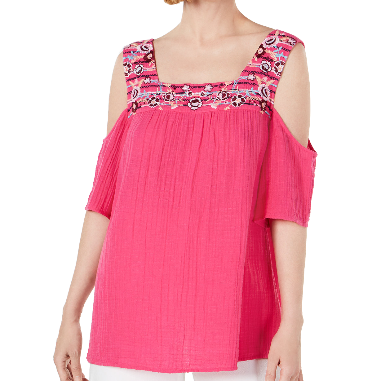 Style & Co Women Cotton Embroidered Cold Shoulder Top Morning Markets