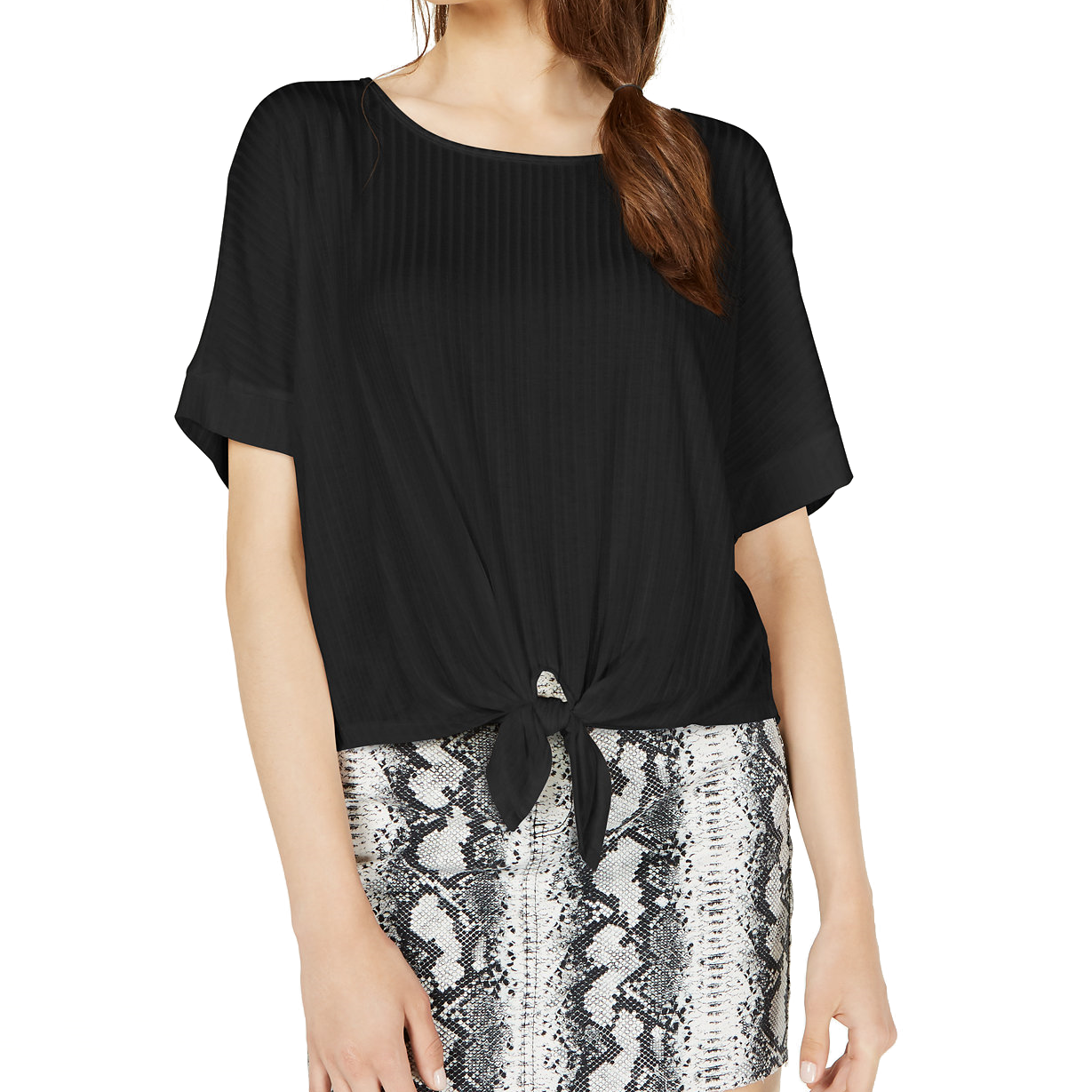 Hooked Up by IOT Women Tie Front Dolman Sleeved Top Black