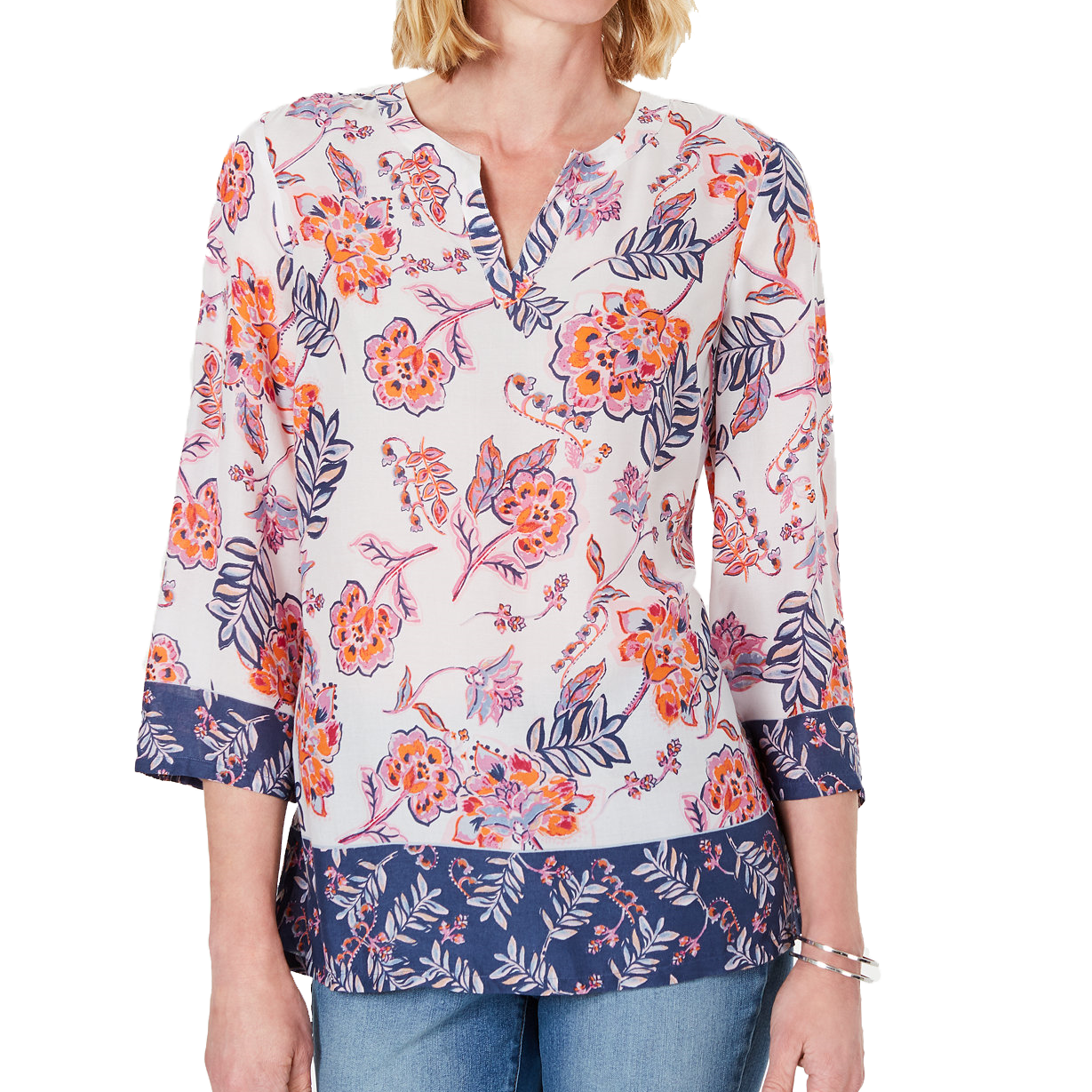 Charter Club Women Floral Print Tunic Bright White Combo