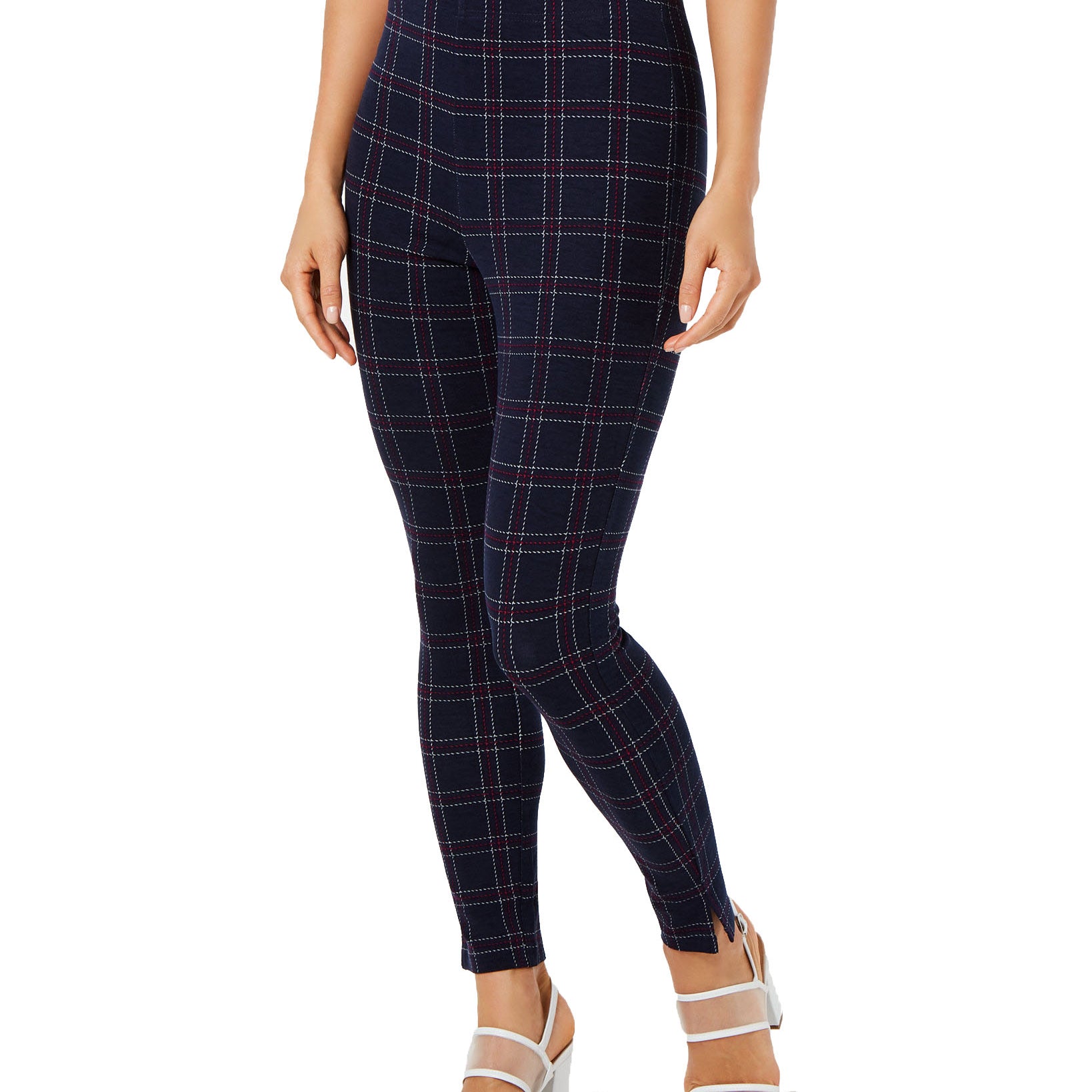 Hue Women Windowpane Knit High Waist Cropped Skimmer Leggings Navy