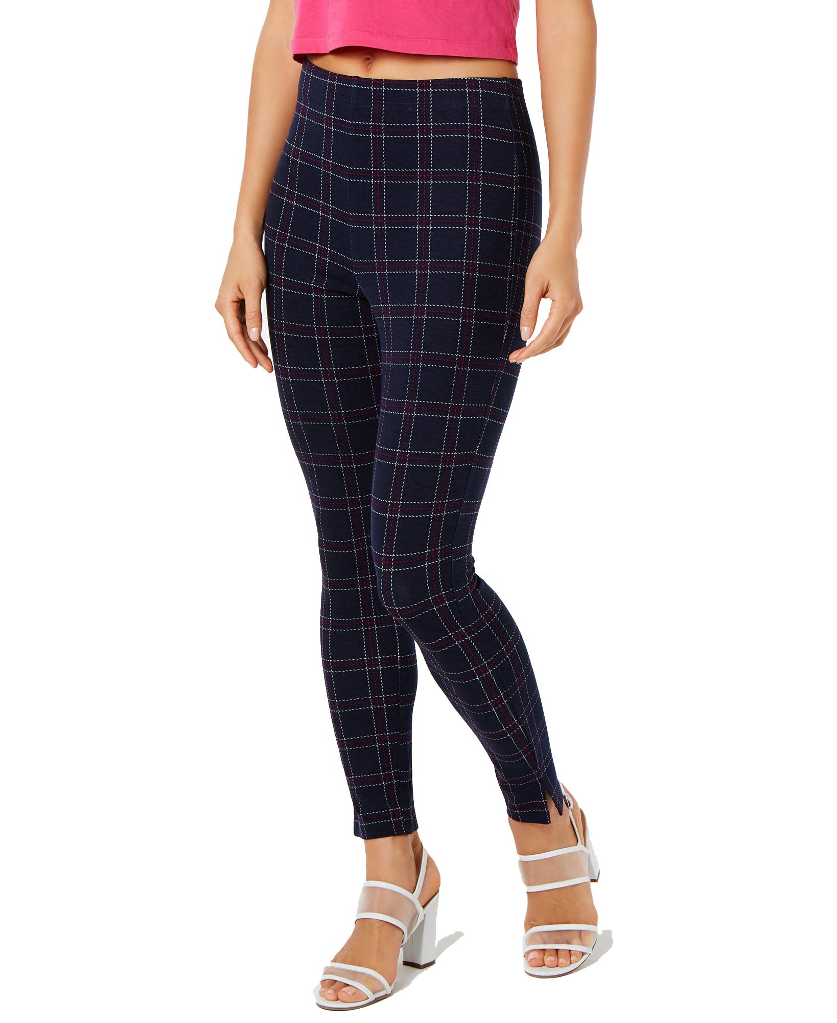 Hue Women Windowpane Knit High Waist Cropped Skimmer Leggings Navy