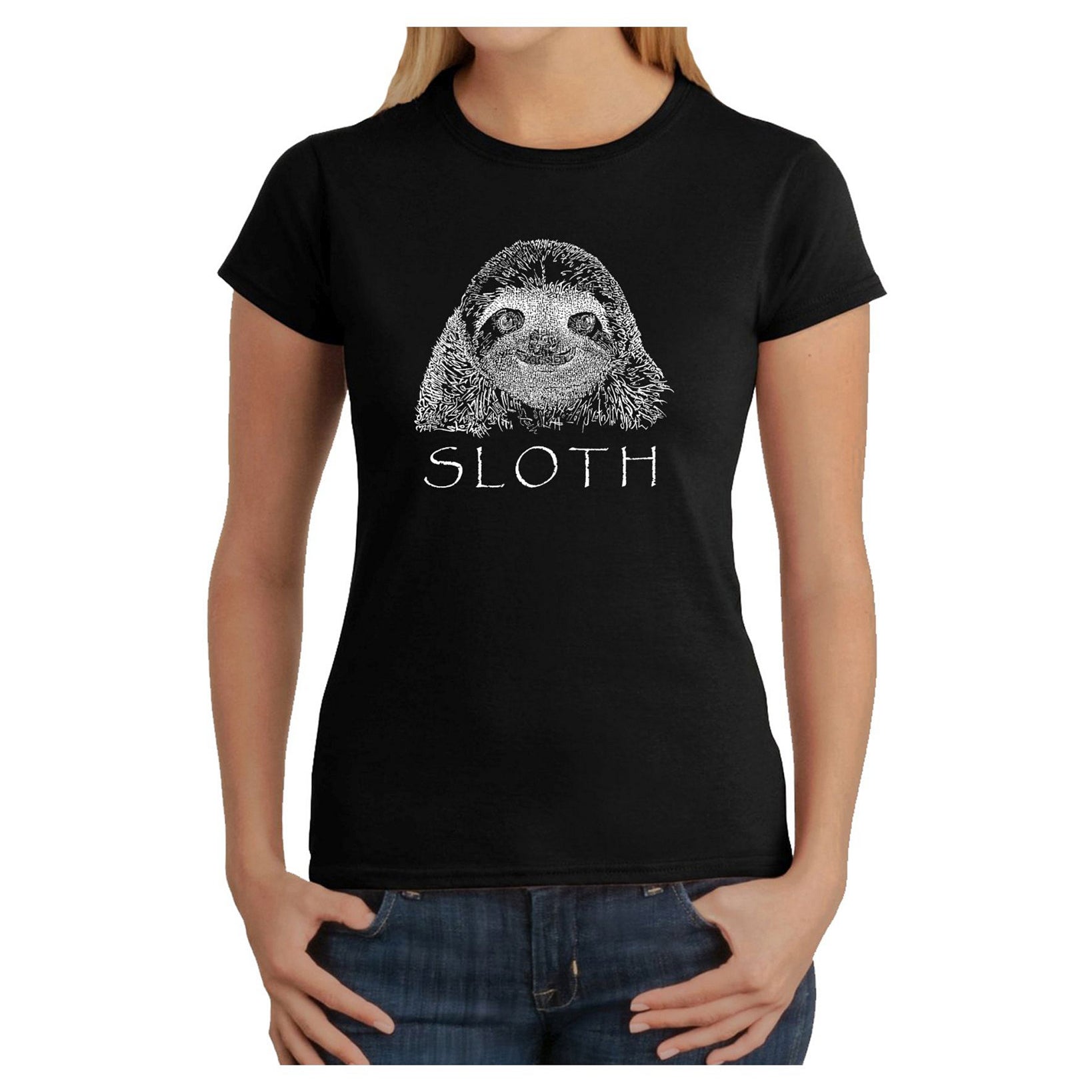 LA Pop Art Women Word Art T Shirt Sloth Black