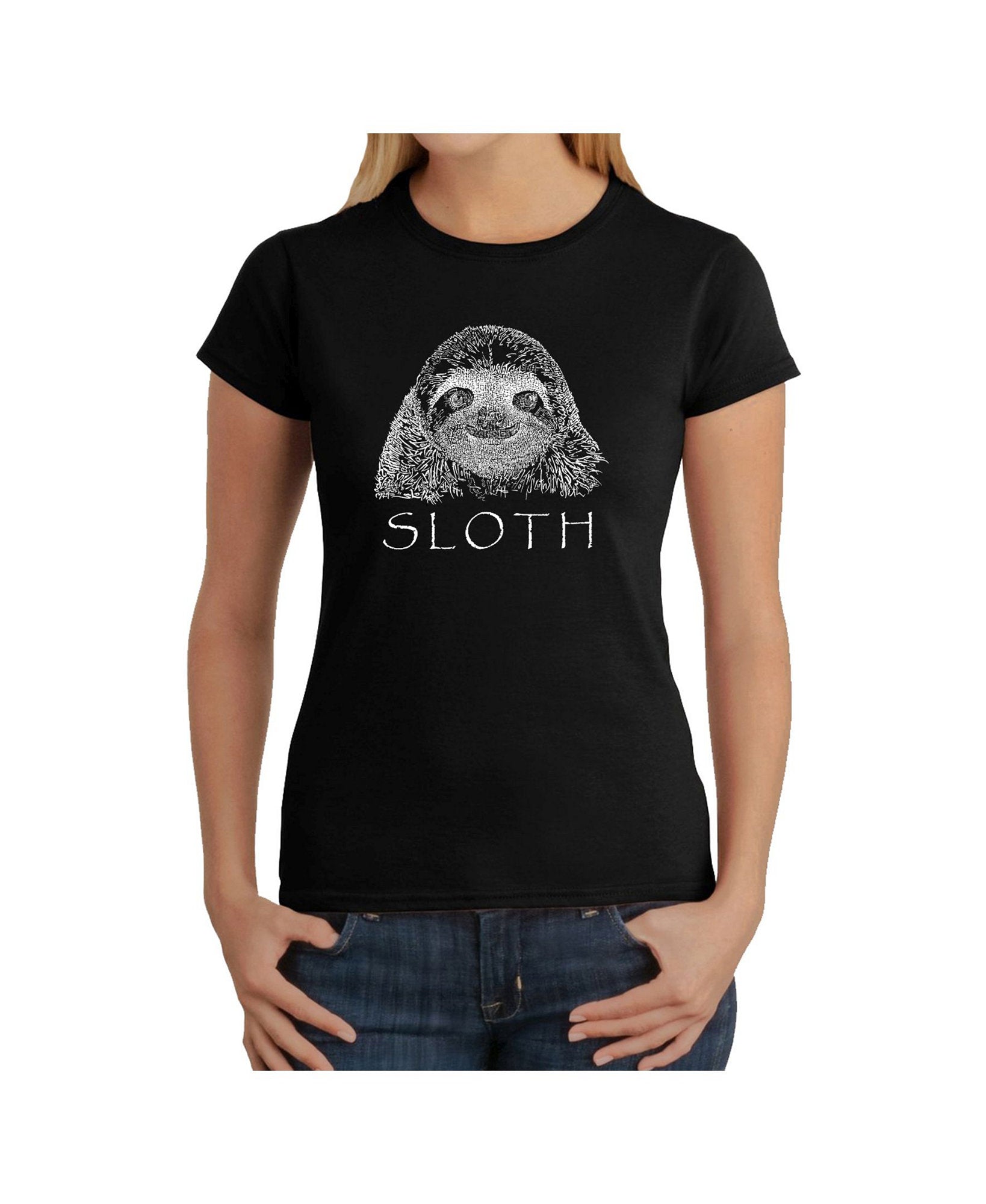LA Pop Art Women Word Art T Shirt Sloth Black