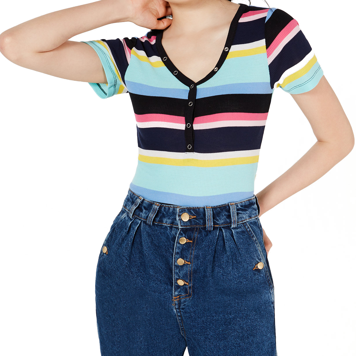 Planet Gold Women Striped V Neck Top Black Stripe