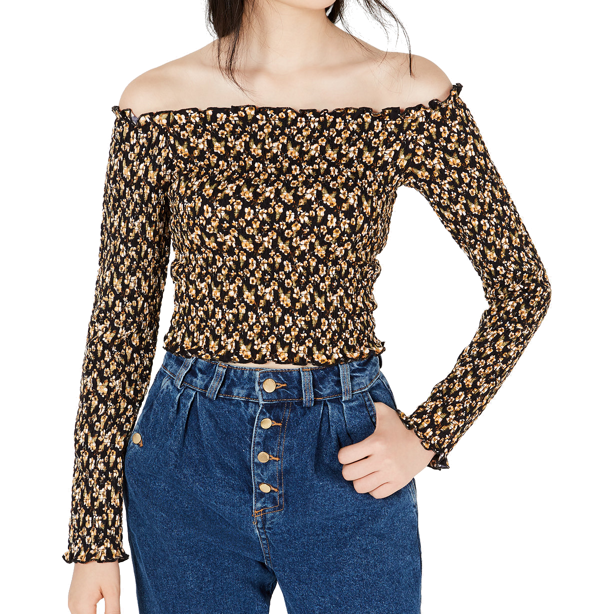 Self Esteem Women Printed Smocked Off The Shoulder Top Black