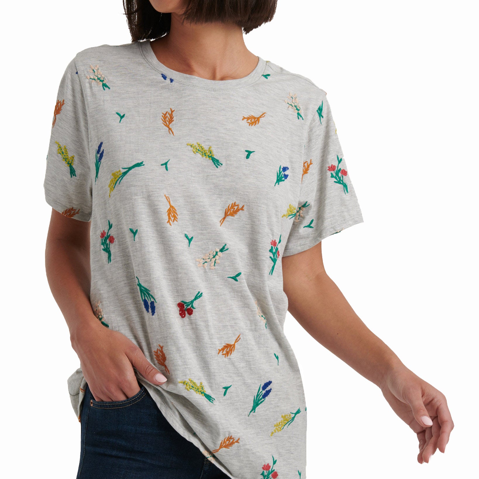 Lucky Brand Women Embroidered Floral T Shirt Heather Grey