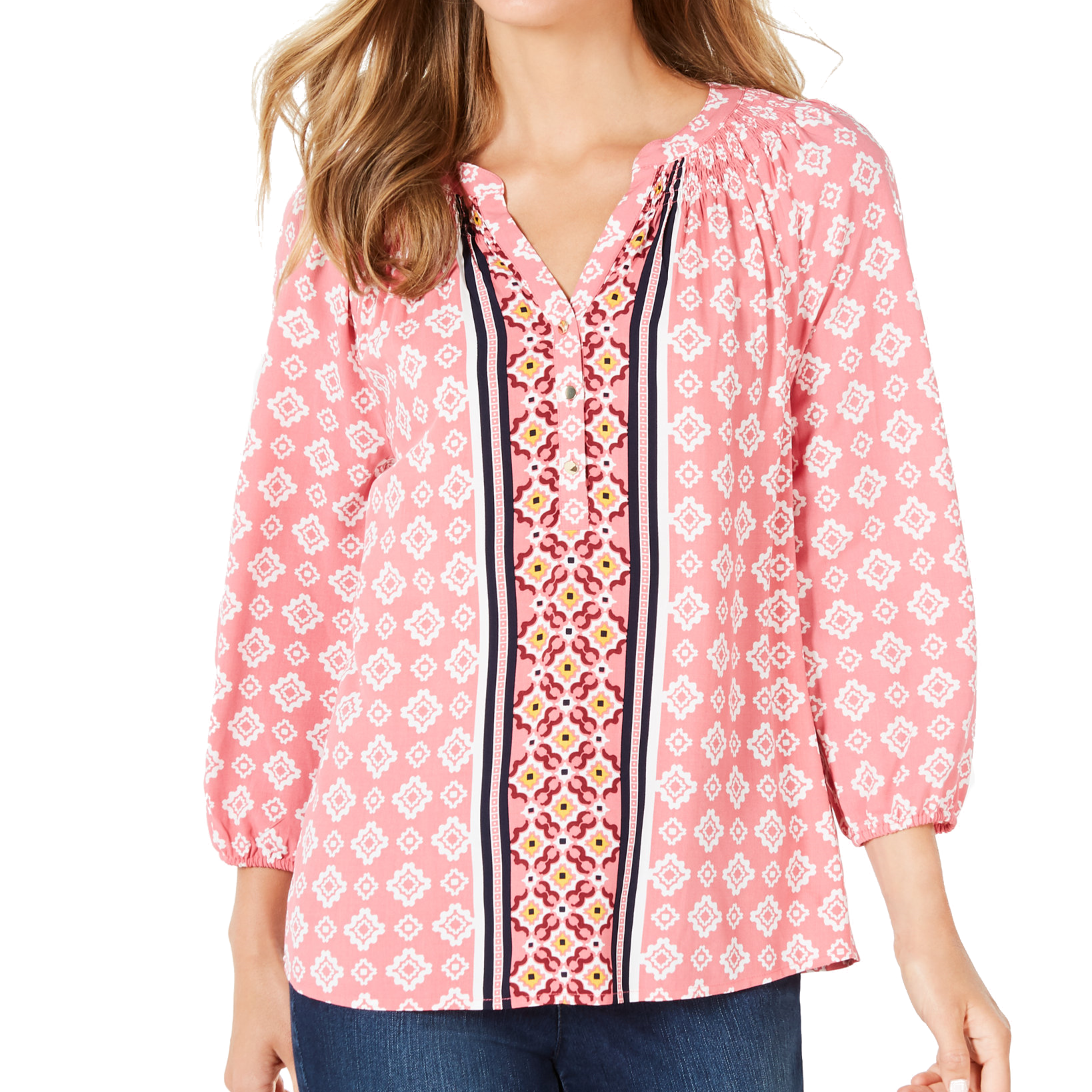 Charter Club Women Printed Split Neck 3 4 Sleeve Top Rapture Rose Combo