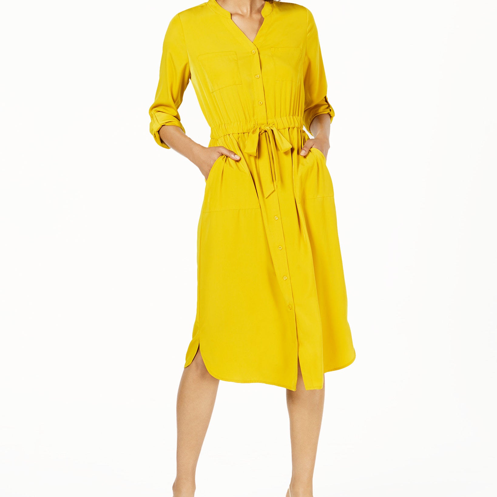 Alfani Women Petite 3 4 Sleeve Belted Shirtdress Gold Sun