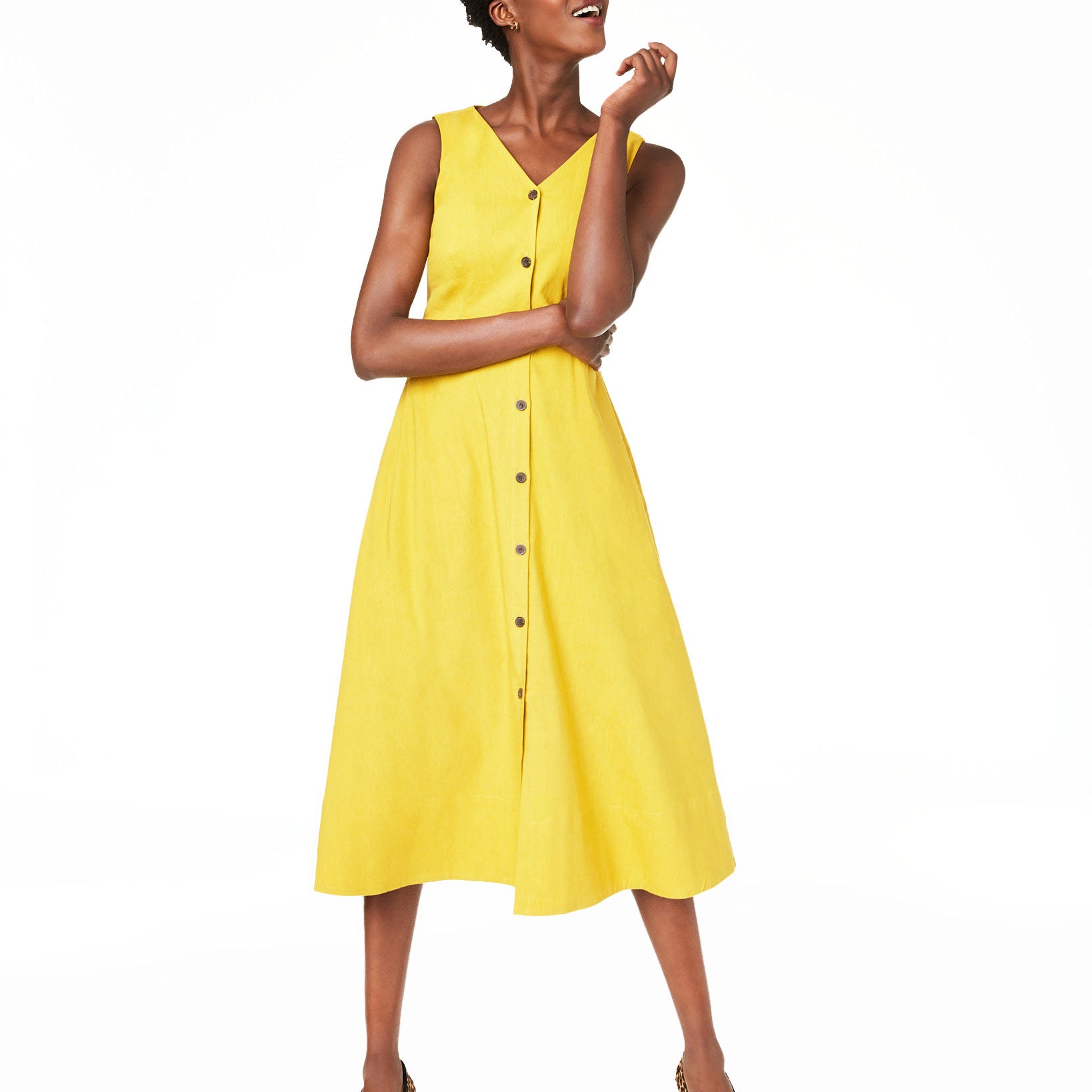Alfani Women V Neck Sleeveless Button Down Dress Gold Sun